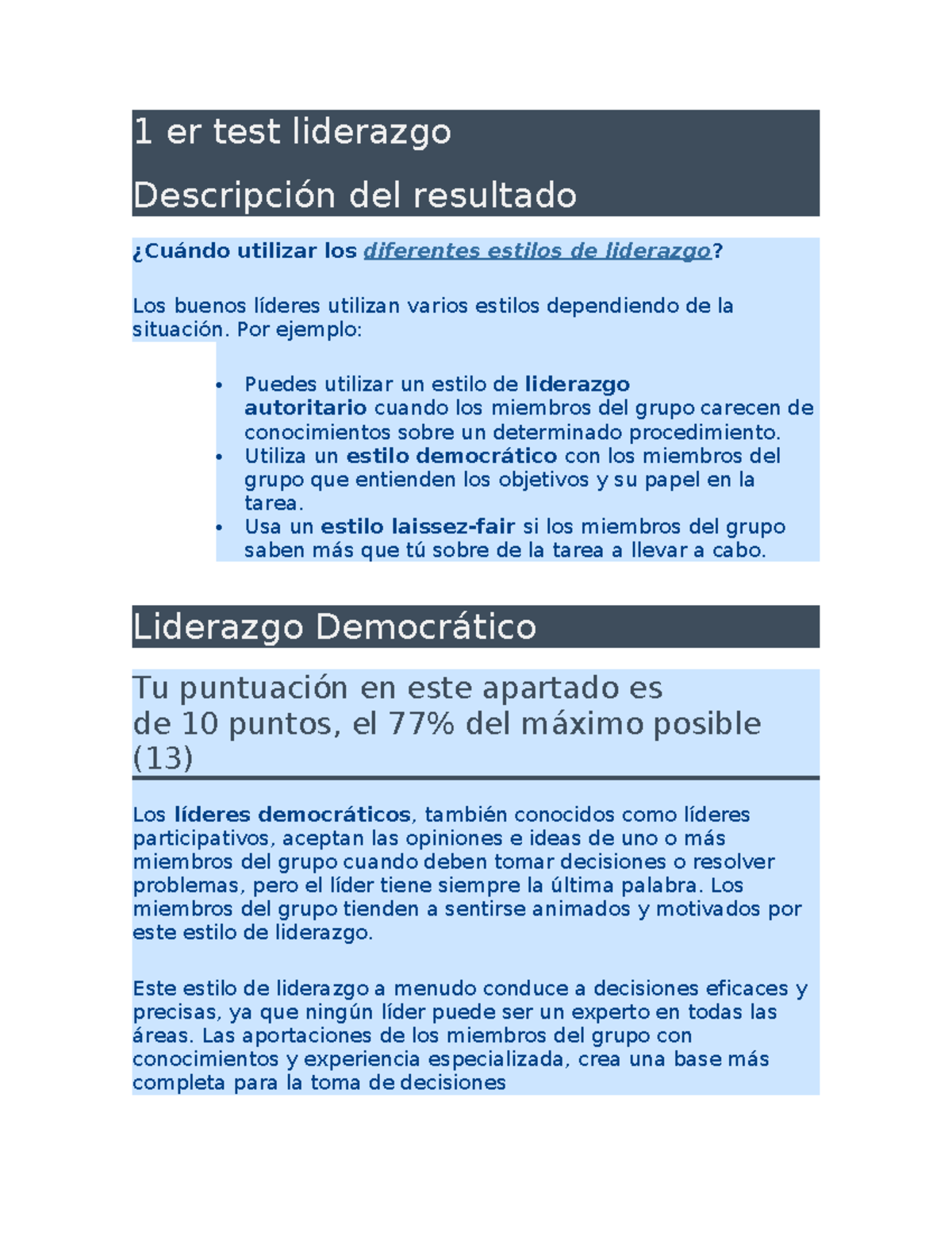 Analisis de test de liderazgo - 1 er test liderazgo Descripción del ...
