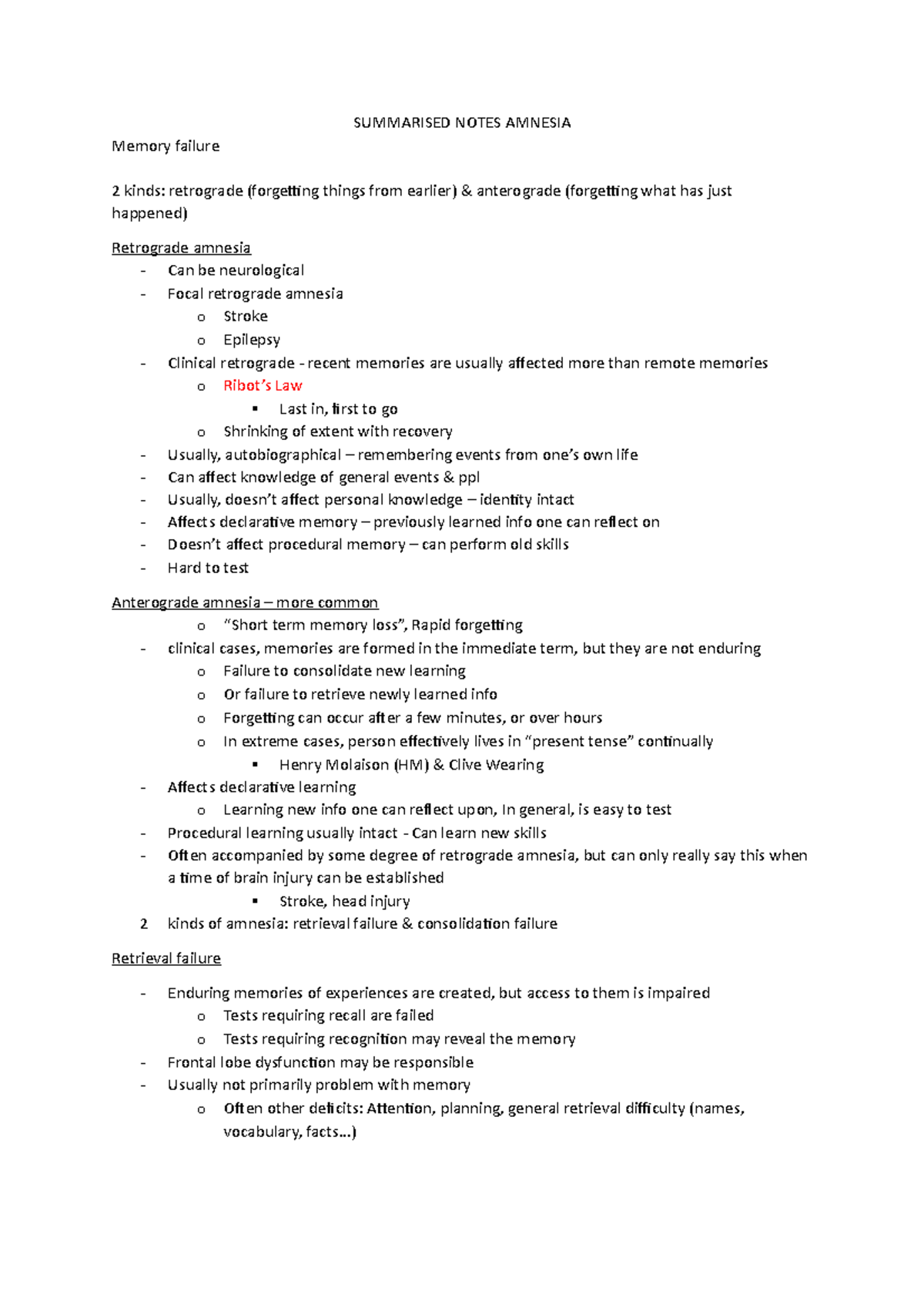 Amnesia Summarised Notes - SUMMARISED NOTES AMNESIA Memory failure 2 ...