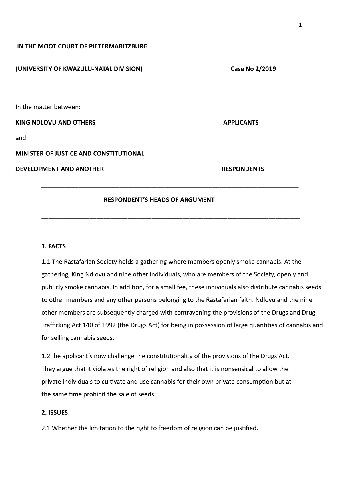CASE 2 Respondents Heads OF Argument IN THE MOOT COURT OF 