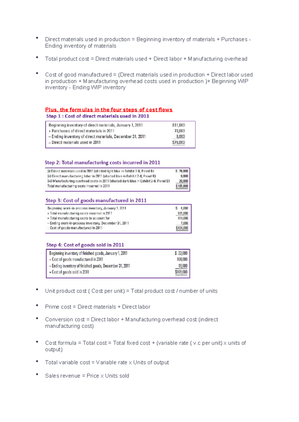 Formulas Part 3 - Direct materials used in production = Beginning ...