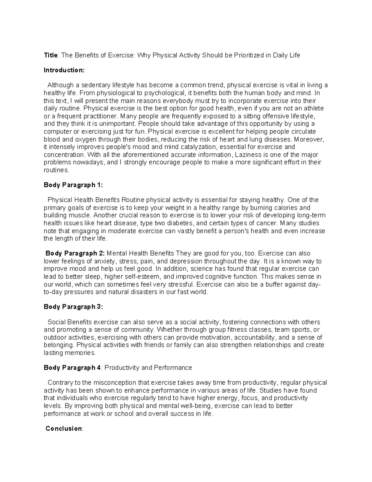 Argue essay - Title: The Benefits of Exercise: Why Physical Activity ...