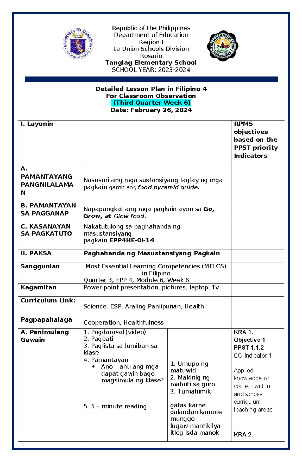 Cot 3 EPP - LESSON PLAN - Republic of the Philippines Department of ...