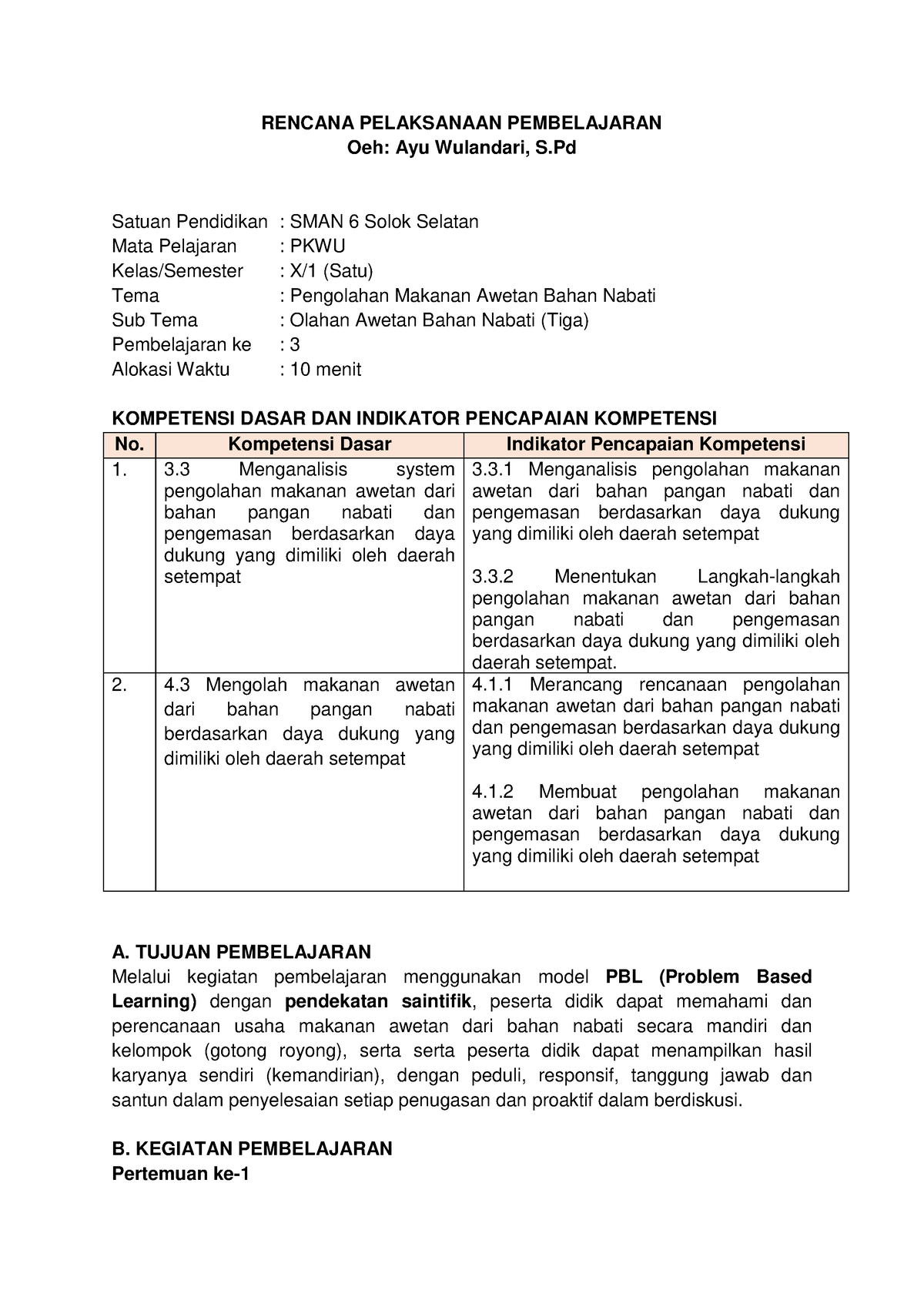 RPP - Modul - RENCANA PELAKSANAAN PEMBELAJARAN Oeh: Ayu Wulandari, S ...