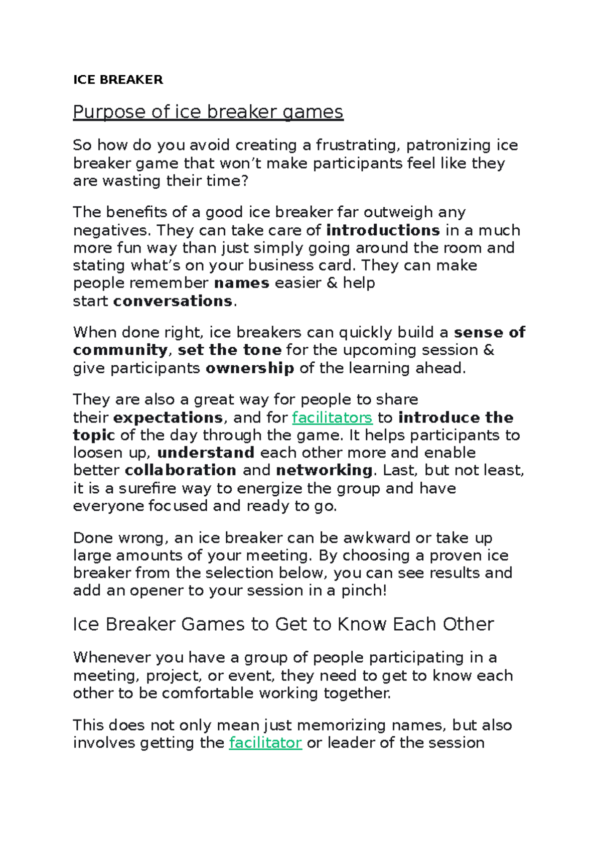 ICE Breaker Practical ICE BREAKER Purpose of ice breaker games So