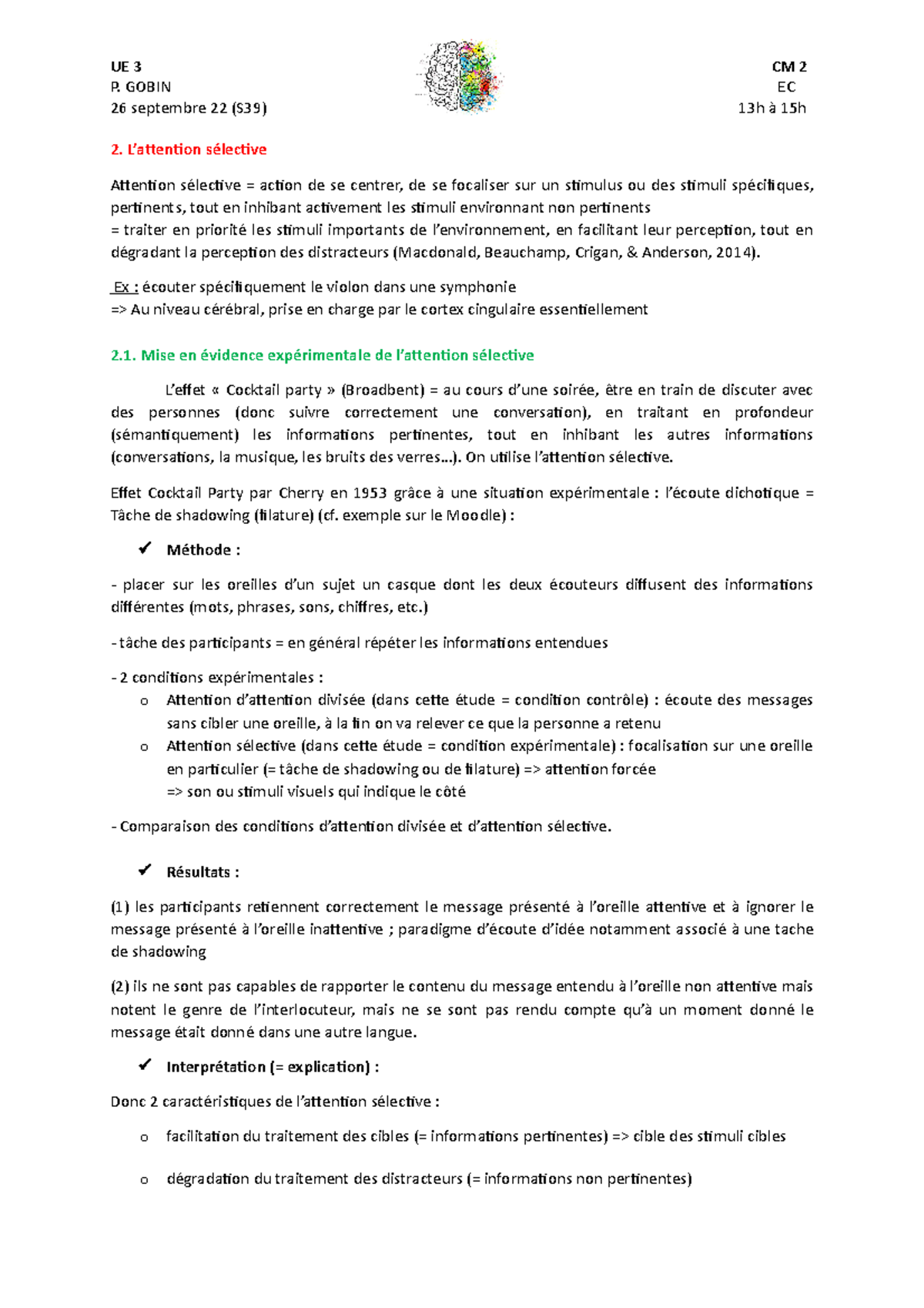 CM 2 - CM 2 Attention / Perception P. GOBIN - UE 3 CM 2 P. GOBIN EC 26 ...