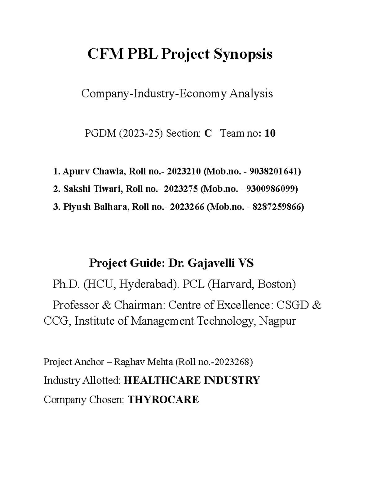 CFM Synopsis - CFM PBL Project Synopsis Company-Industry-Economy ...