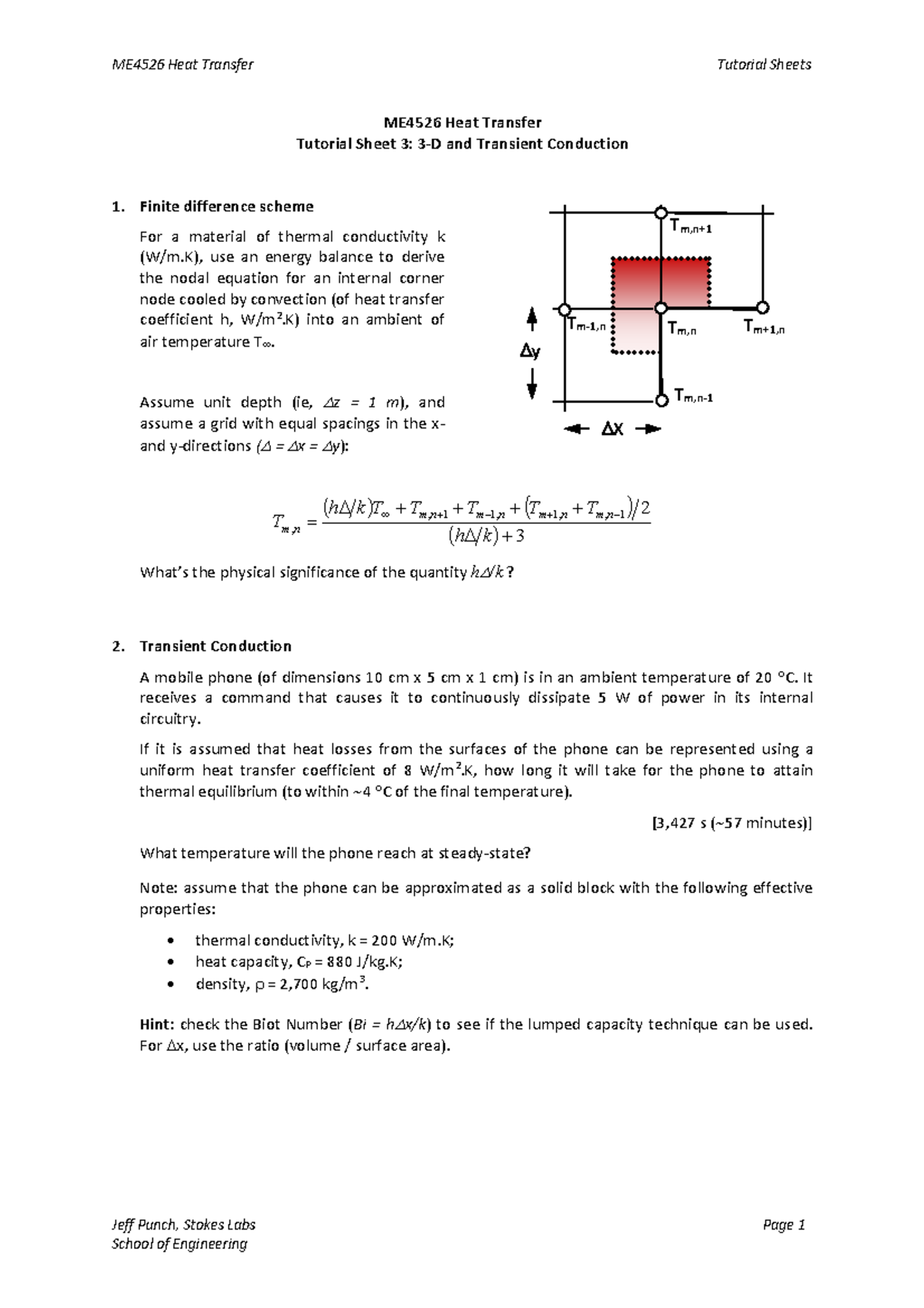 ME4526 Heat Transfer Tutorial 3 - K) into an ambient of air temperature ...