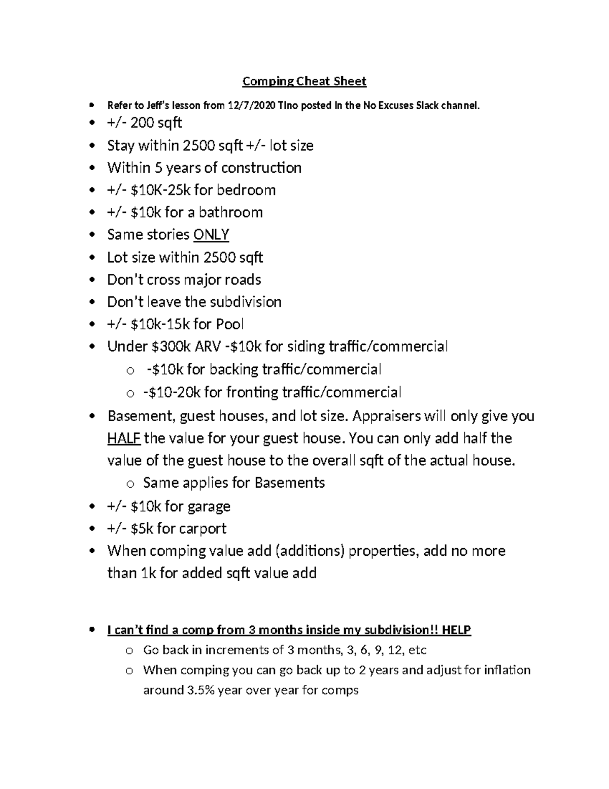 Comping Cheat Sheet - +/- 200 sqft Stay within 2500 sqft +/- lot size ...