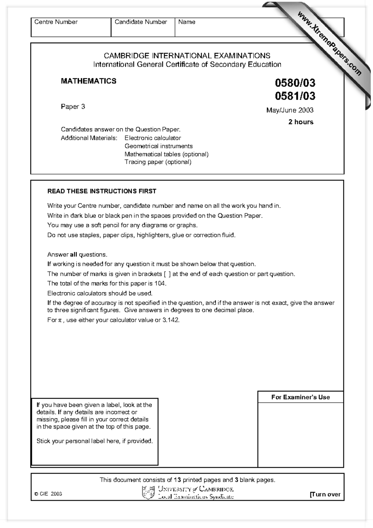 0580 s03 qp 3 guide and answers to IG math exam Centre Number