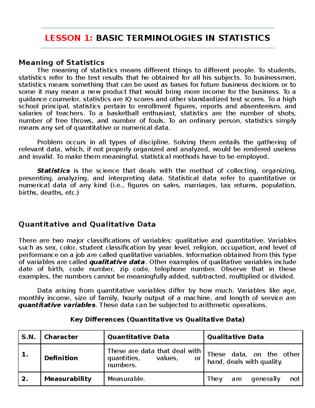 Intro to Statistics LESSON 1 BASIC TERMINOLOGIES IN STATISTICS