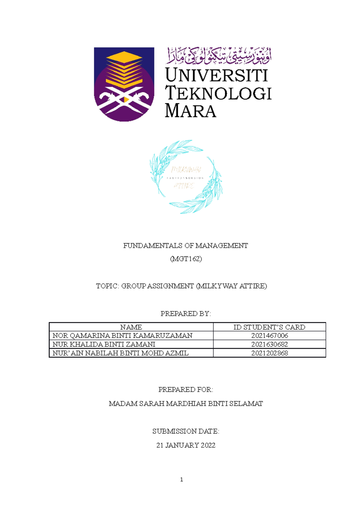 Report Grouping MGT 162 - FUNDAMENTALS OF MANAGEMENT (MGT162) TOPIC ...