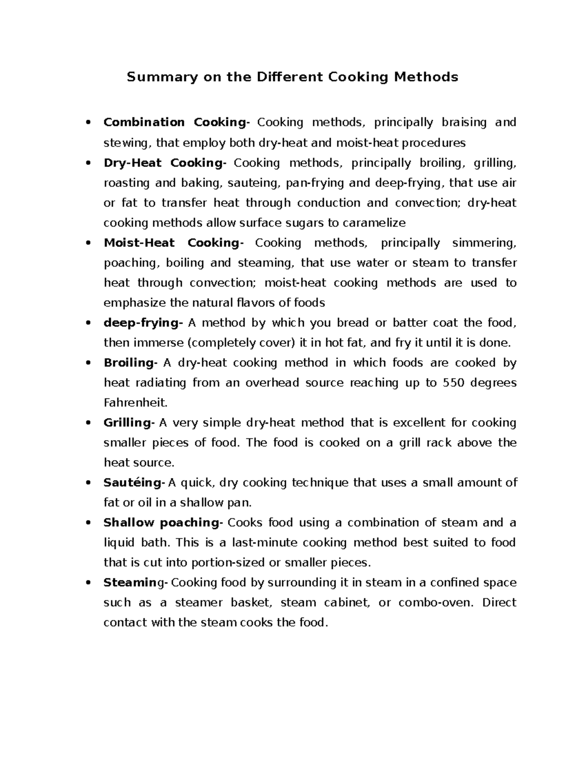 Summary on the Different Cooking Methods Broiling A dryheat cooking