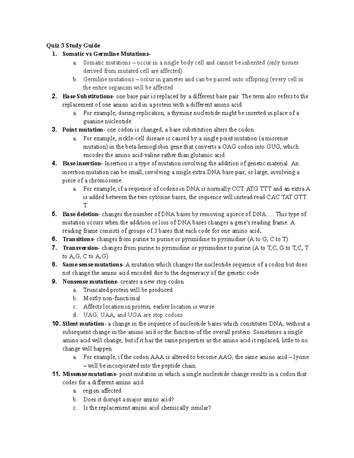 Quiz 3 - lecture notes for quiz - Quiz 3 Study Guide 1. Somatic vs ...