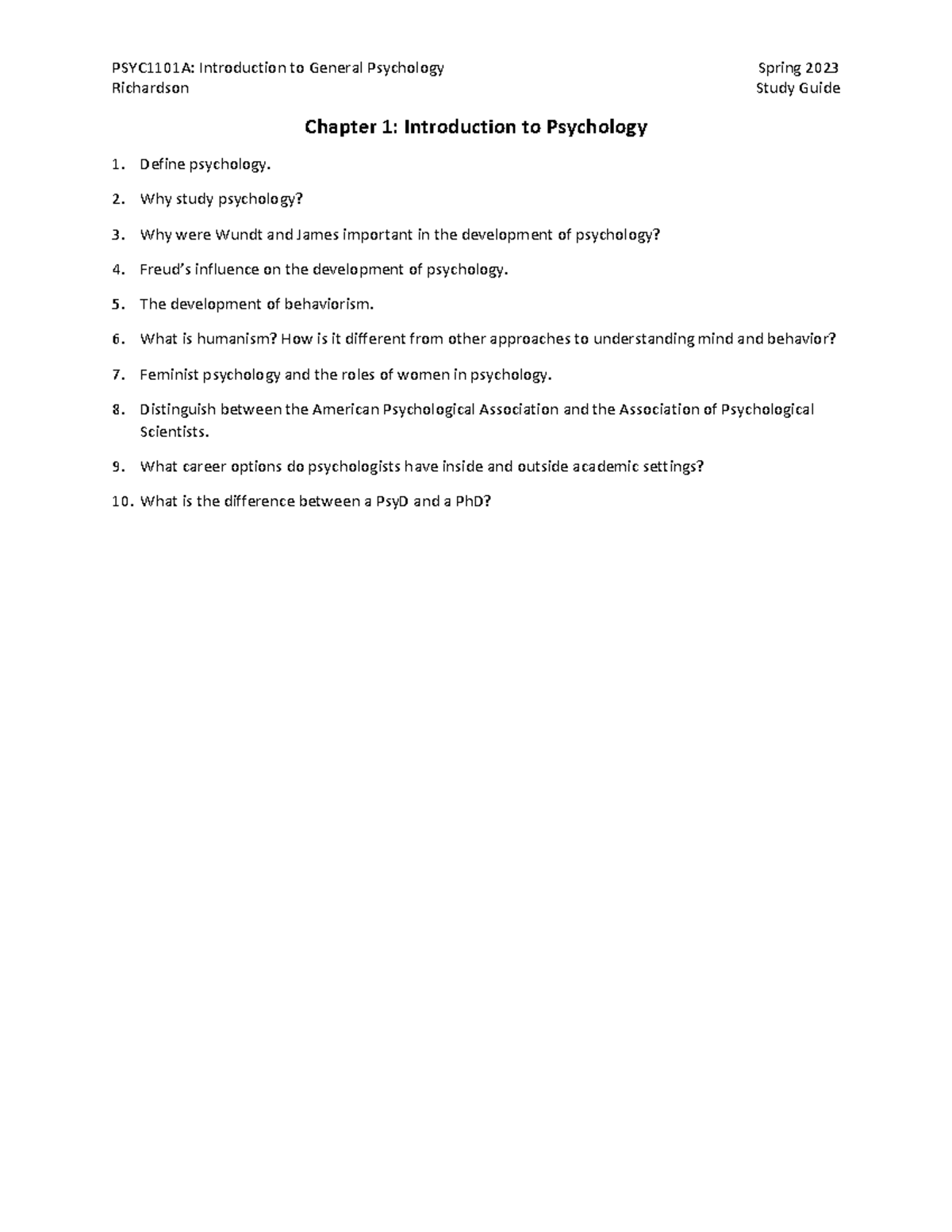 SG-Intro Ch1 - Answers - PSYC1101A: Introduction To General Psychology ...