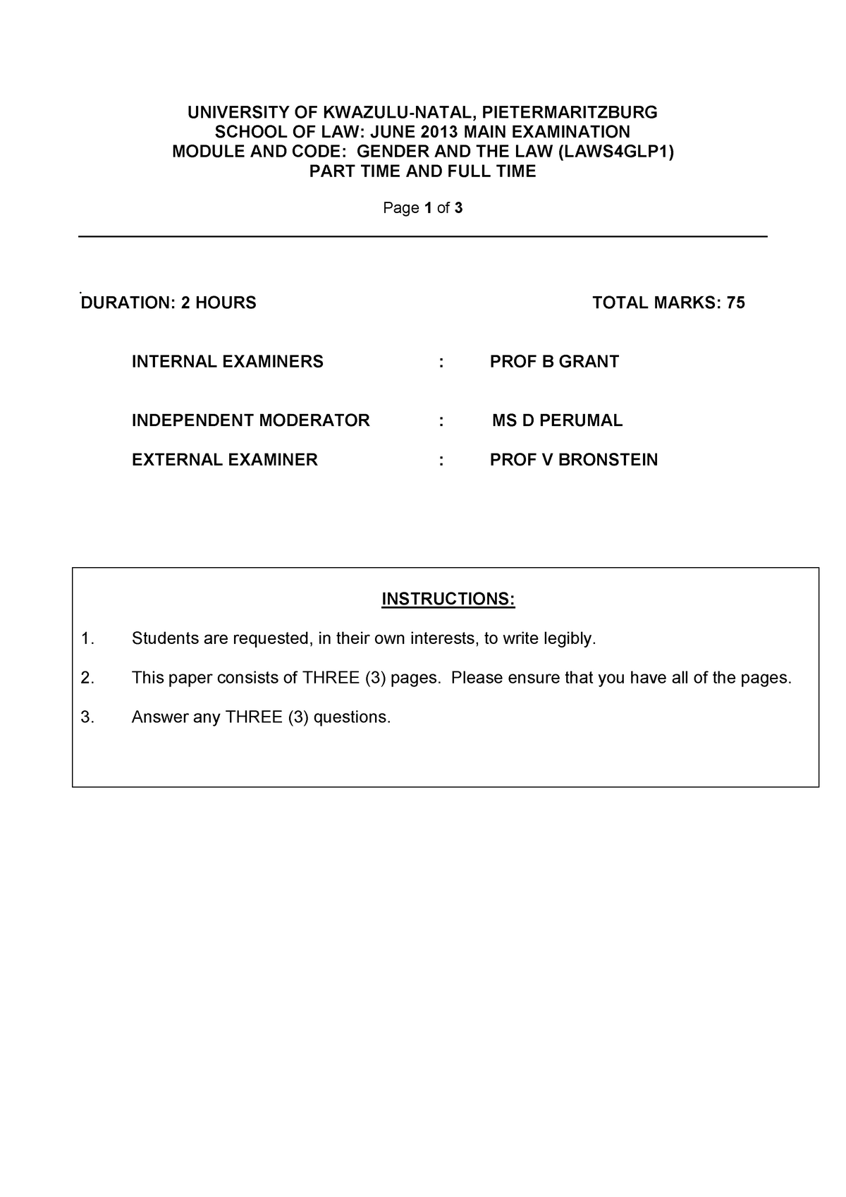 Exam 2013, questions - UNIVERSITY OF PIETERMARITZBURG SCHOOL OF LAW ...