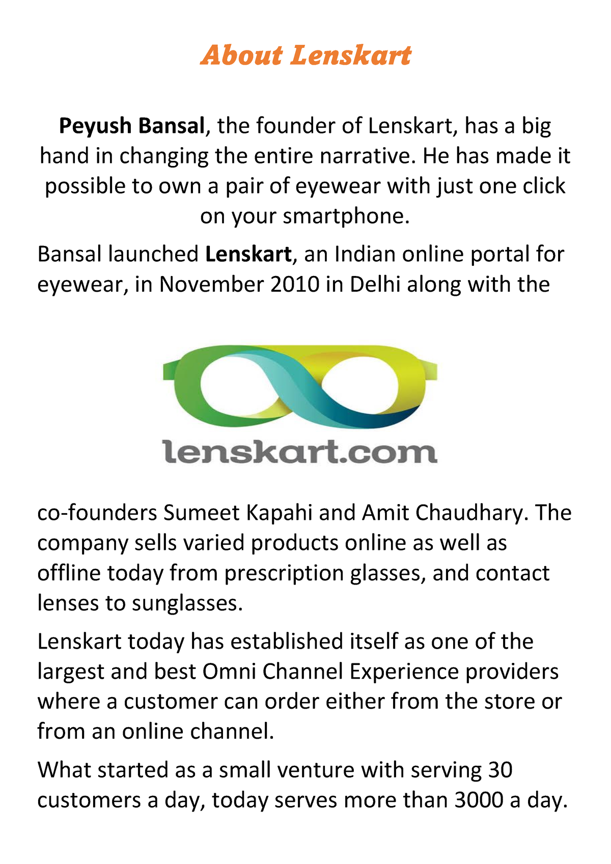 Lenskart - Report Making - About Lenskart Peyush Bansal, the founder of ...