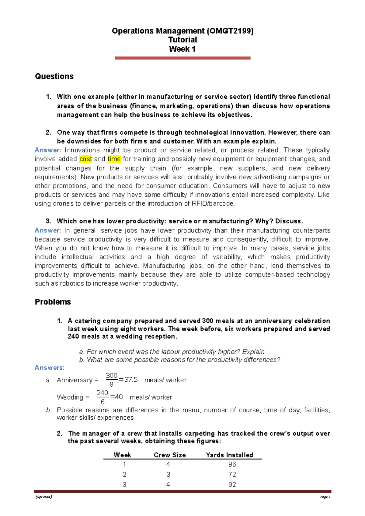W1 Q A Operations Management OMGT2199 Tutorial Week 1 Questions 1