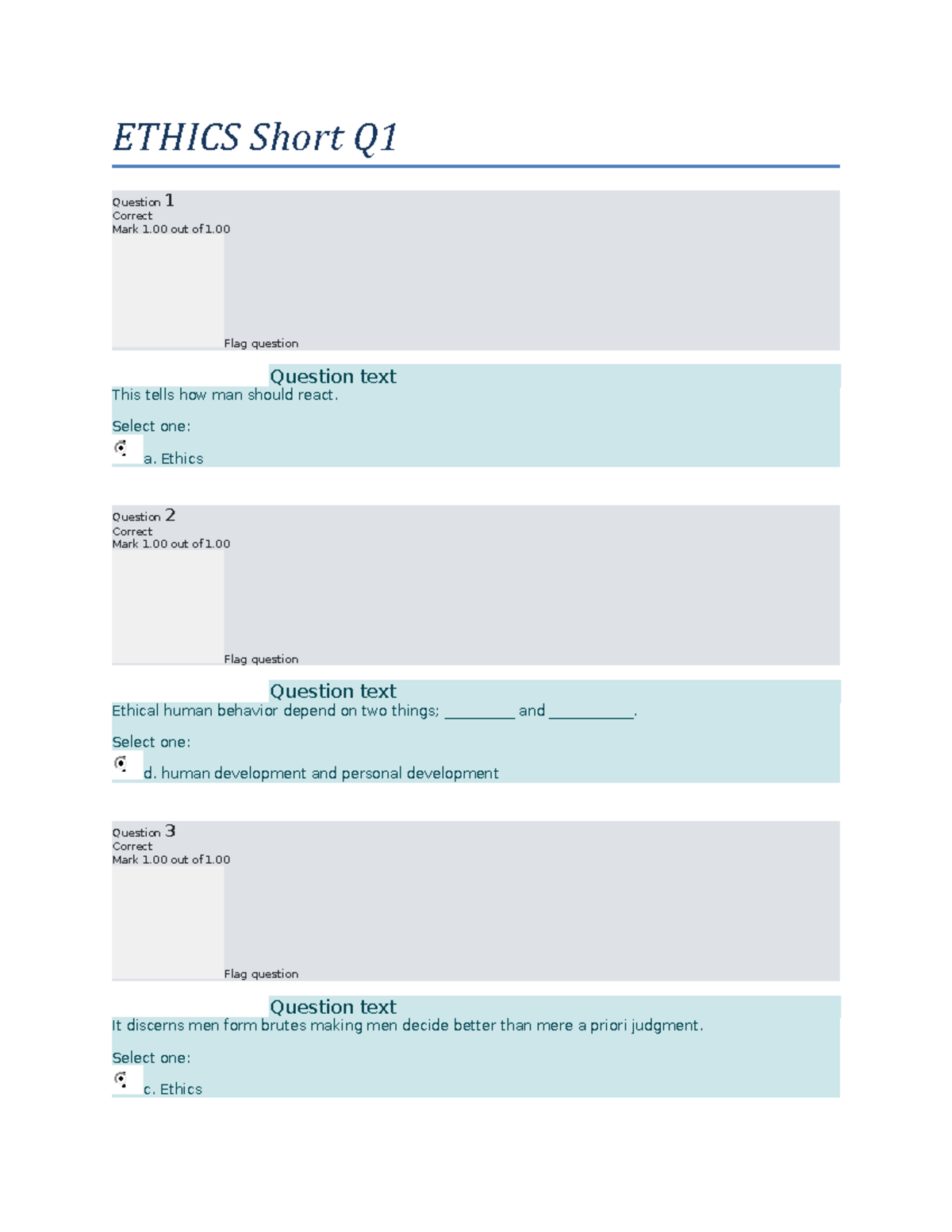 Ethics Short Q1 - DEWDFEWFEWFEW - ETHICS Short Q Question Correct 1 ...