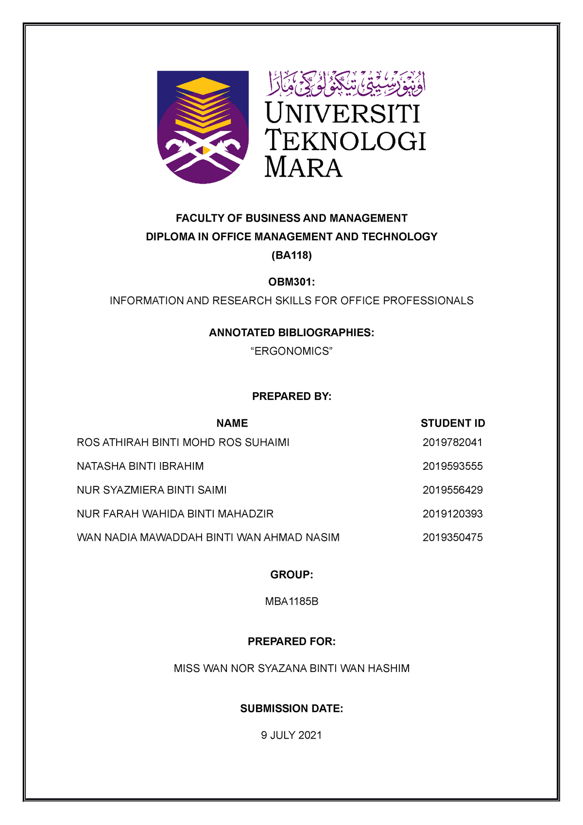 [OBM301] Bibliographic Citation - Document Processing - UiTM - Studocu