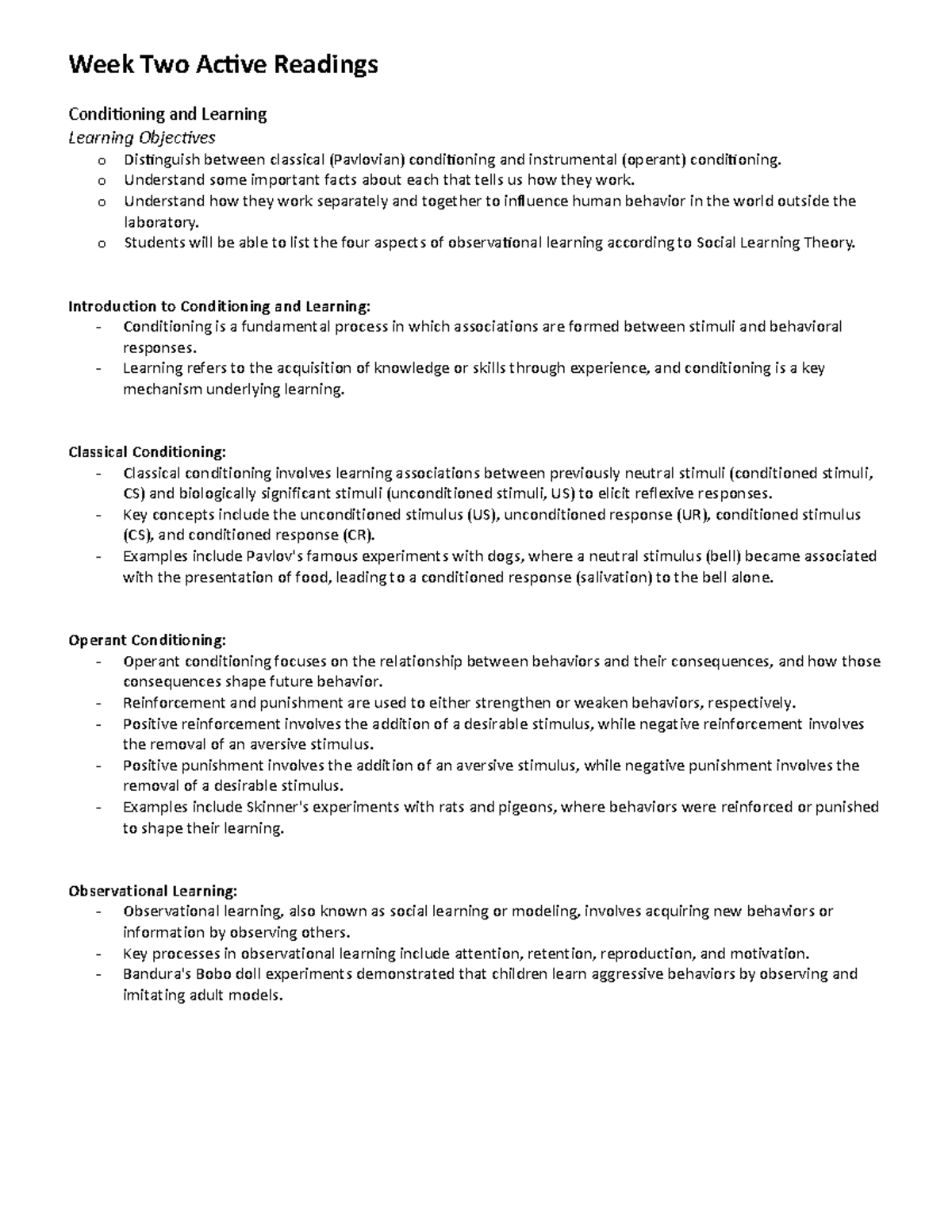 Conditioning and Learning - Week Two Active Readings Conditioning and ...