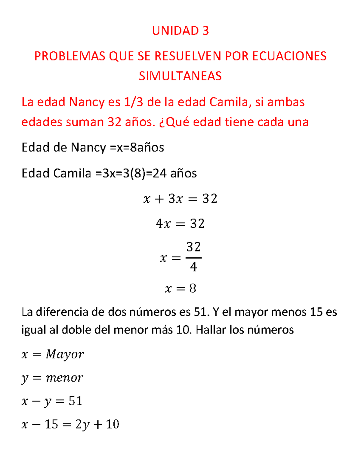 El Doble De La Diferencia De Dos Números Unidad 3 5to b - Hola - UNIDAD 3 PROBLEMAS QUE SE RESUELVEN POR ECUACIONES  SIMULTANEAS La edad Nancy - StuDocu