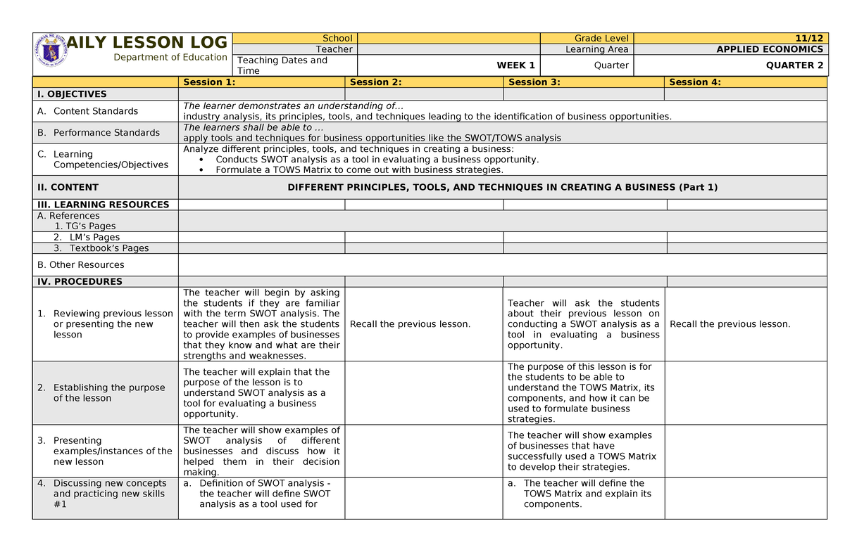 AE Q2 WEEK 1 - DLL - DAILY LESSON LOG Department Of Education School ...