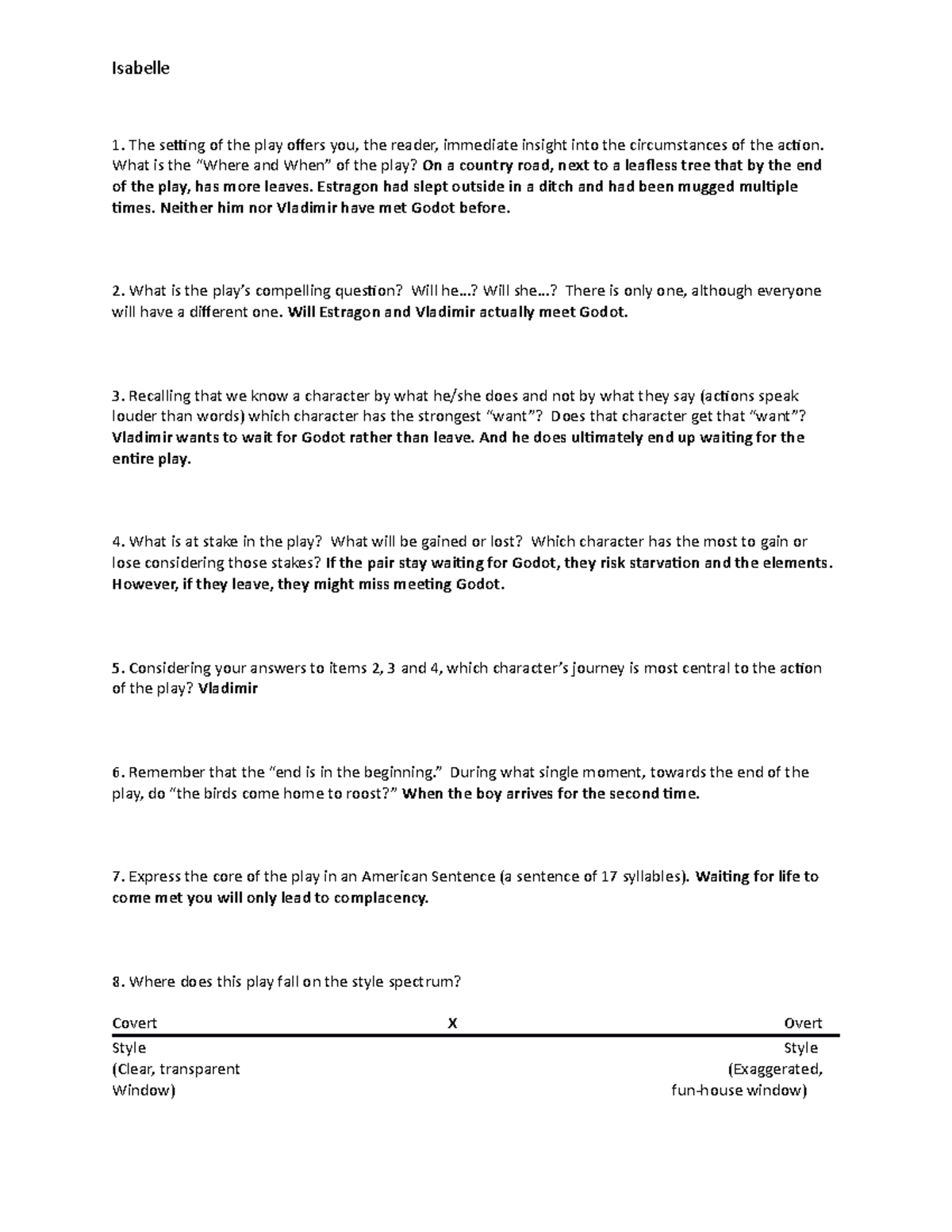 Script Analysis waiting for godot - Isabelle The setting of the play ...