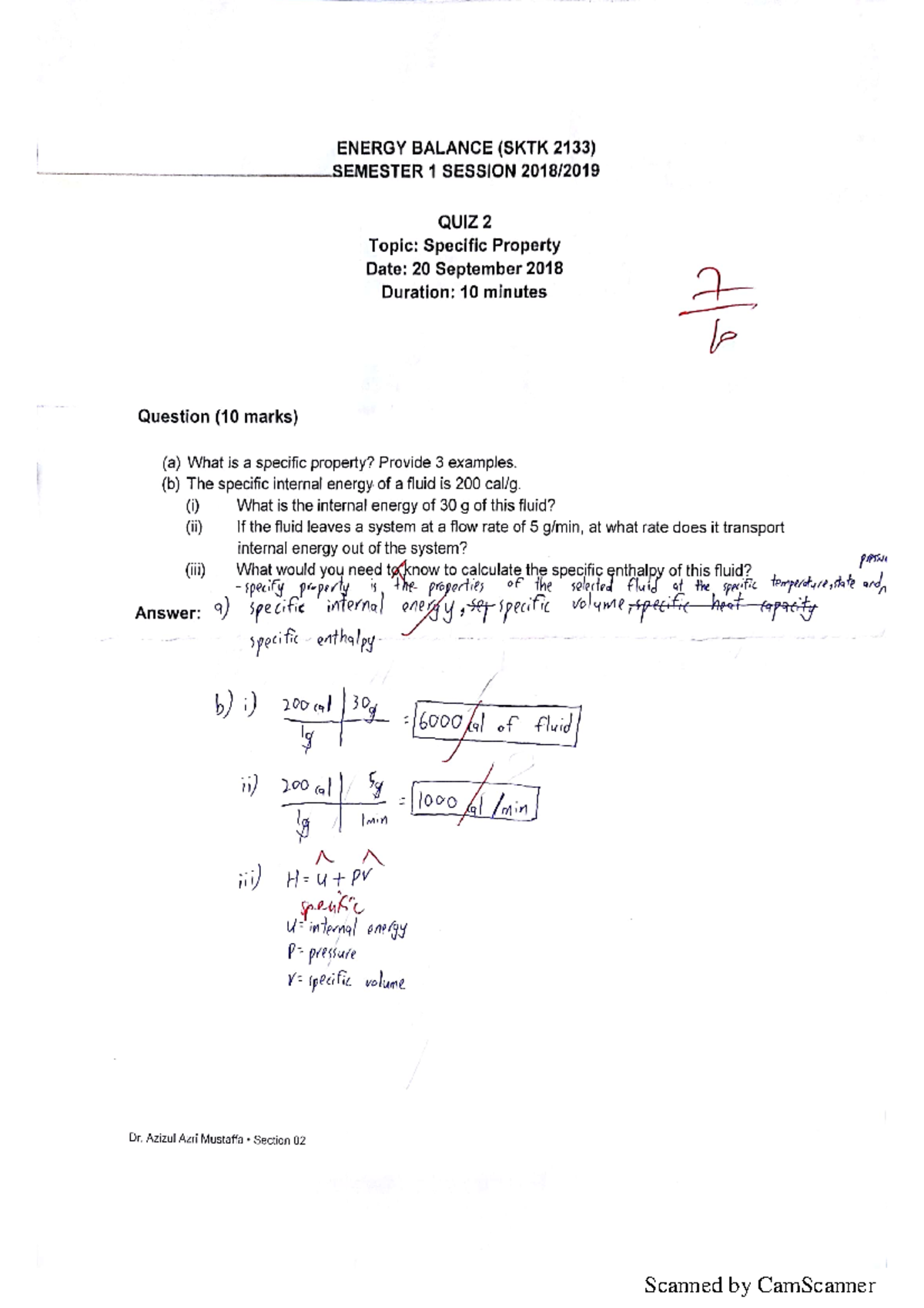 EB Quiz 2 SKTK 2133 Energy Balance Quiz 2 ENERGY BALANCE (SKTK 2133