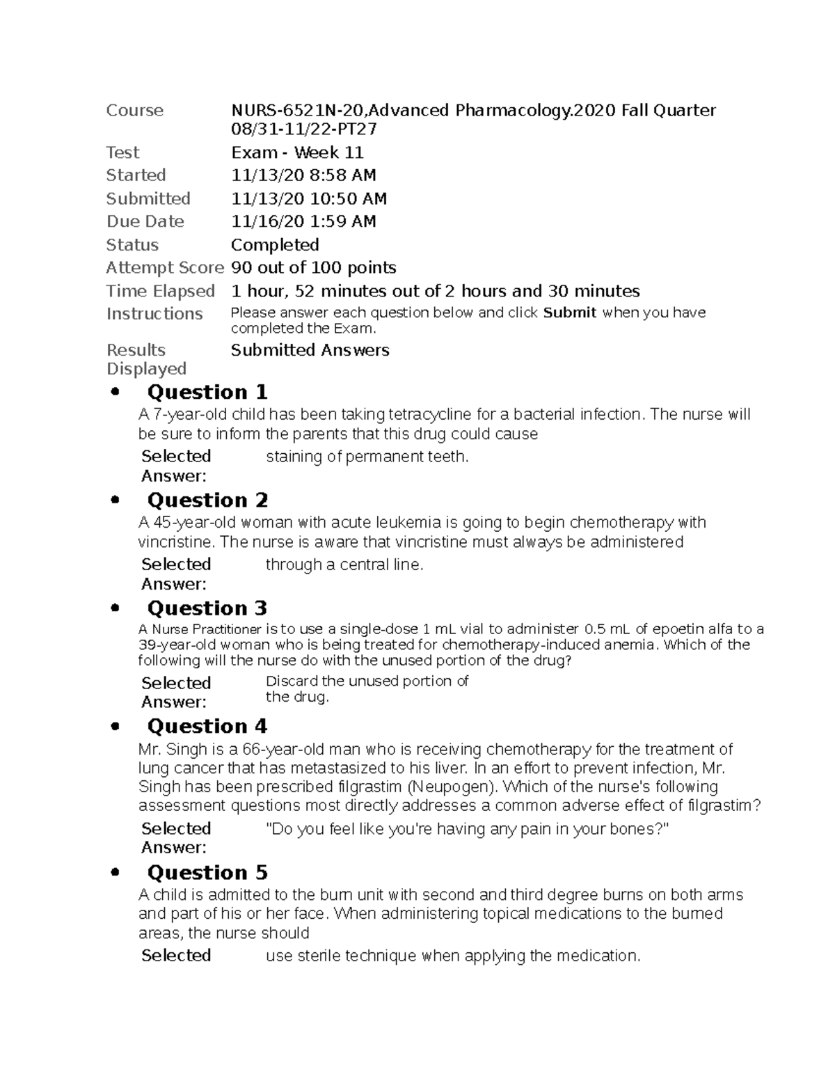 N6521 Final Exam Answers - Course NURS-6521N-20,Advanced Pharmacology ...