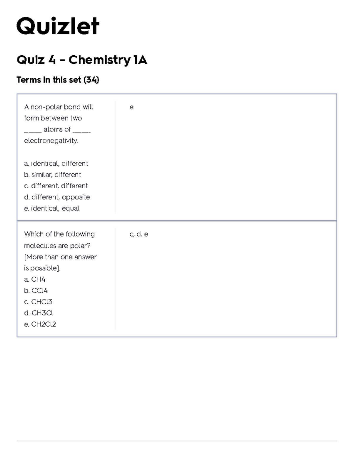 Quiz 4 - Chemistry 1A Flashcards Quizlet - Quiz 4 - Chemistry 1A Terms ...