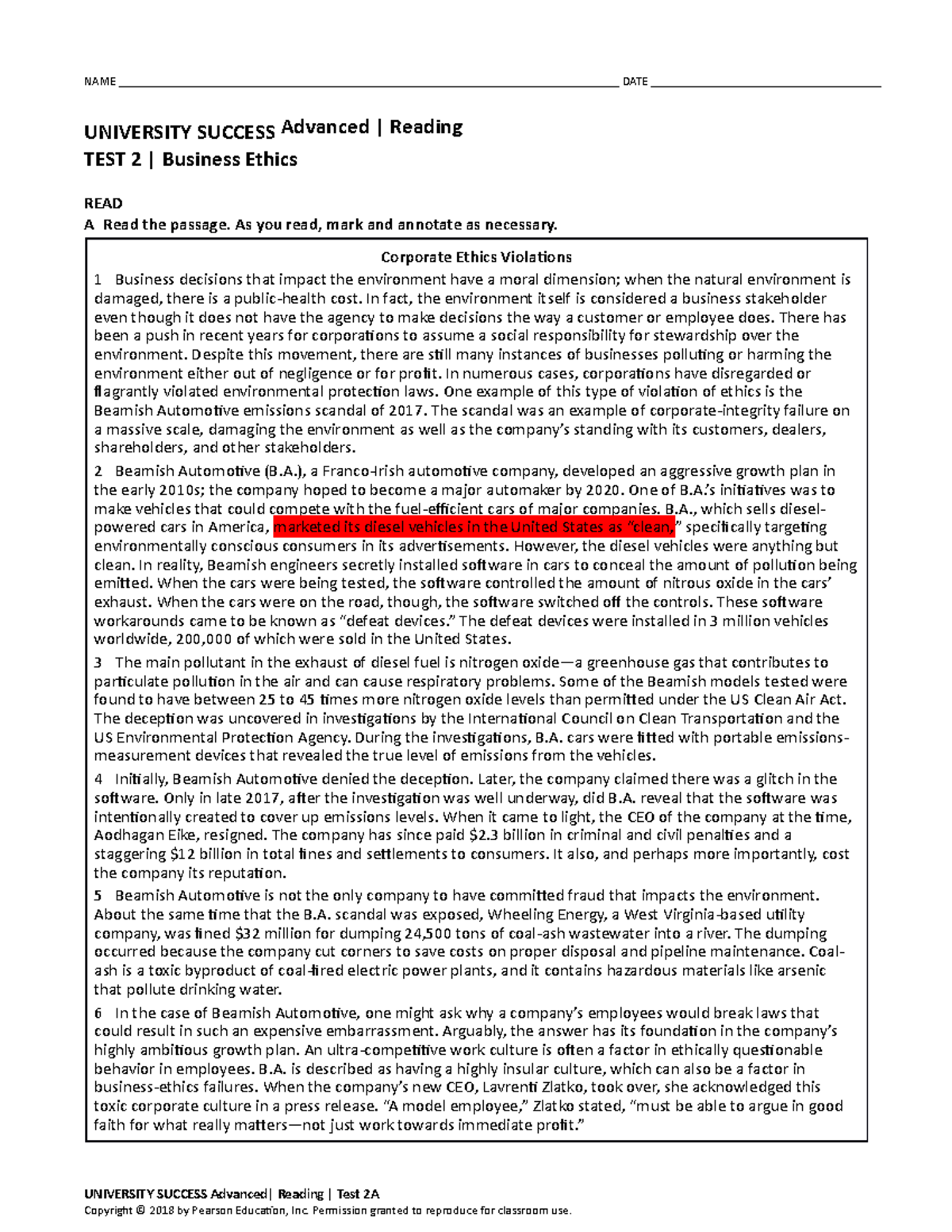 TRS501S56 Unit Revision UNIVERSITY SUCCESS Advanced Reading TEST