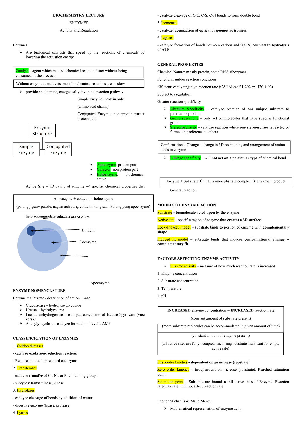 Biochemistry Lecture Coenzyme Cofactor Catalytic Site Apoenzyme