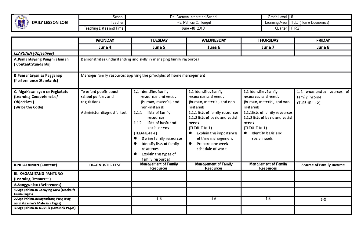 DLL HE Week - this is a lesson plan - School Del Carmen Integrated ...