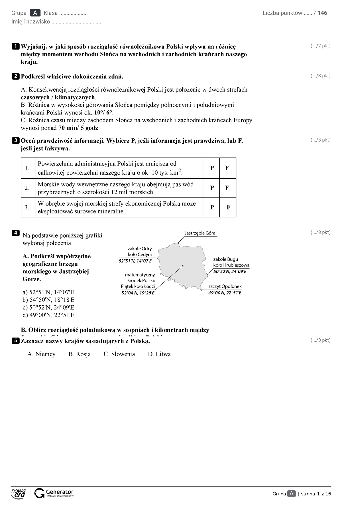 środowisko Przyrodnicze Polski Dział 1 - 1 2 3 4 5 Grupa A Klasa ...