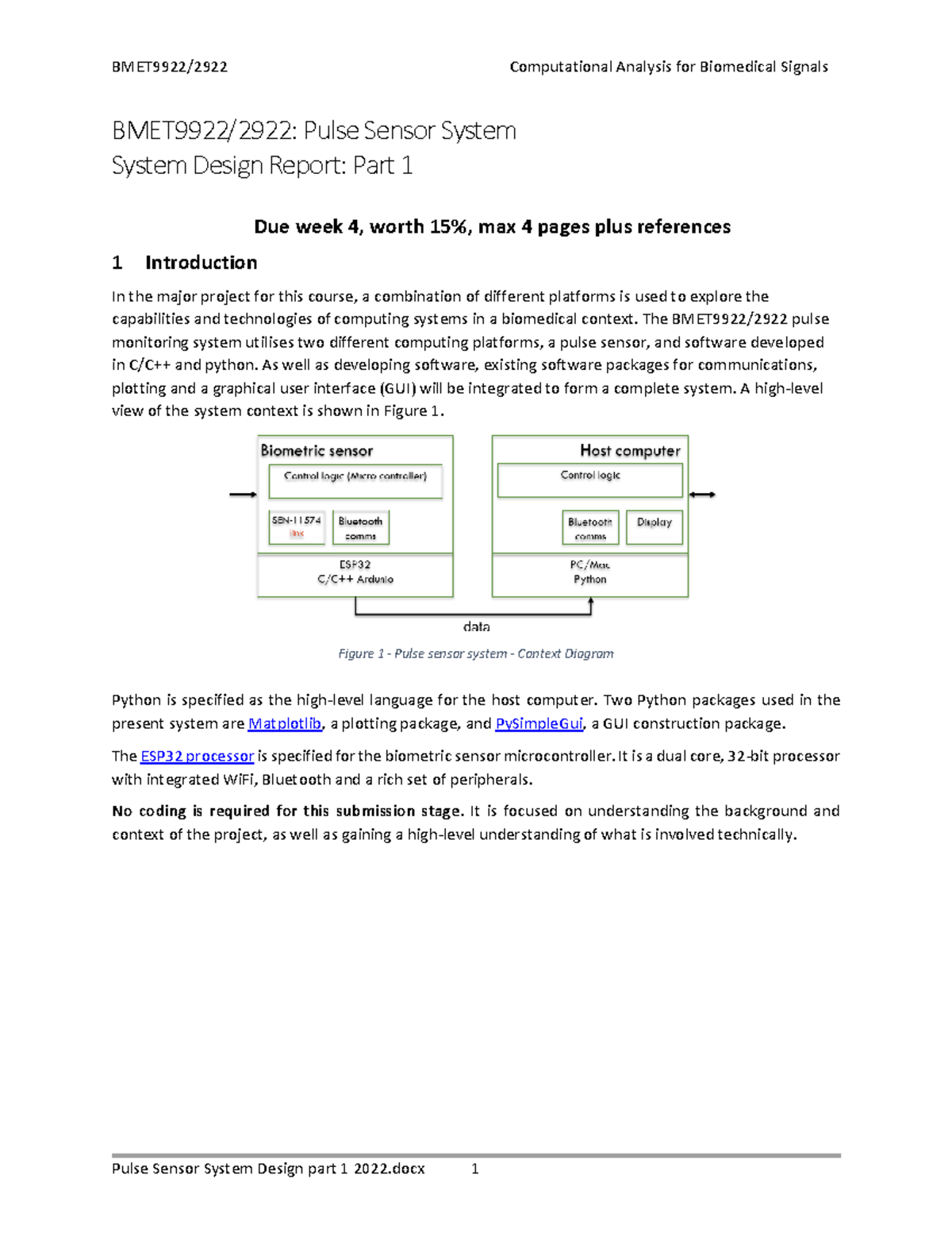 Pulse Sensor System Design part 1 2022 BMET9922/2922 Pulse Sensor