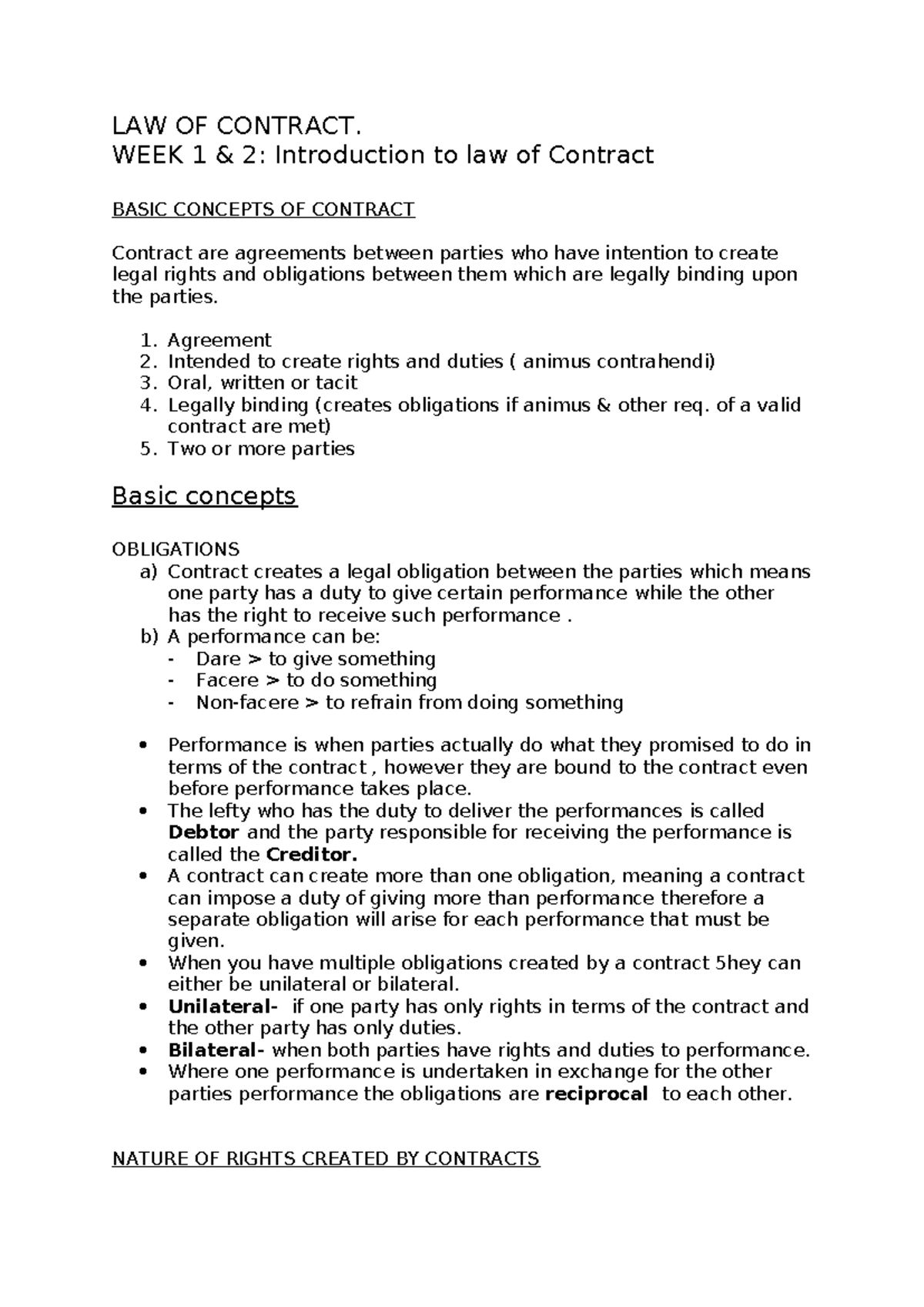 LAW OF Contract WEEK 1 & 2 notes - LAW OF CONTRACT. WEEK 1 & 2 ...