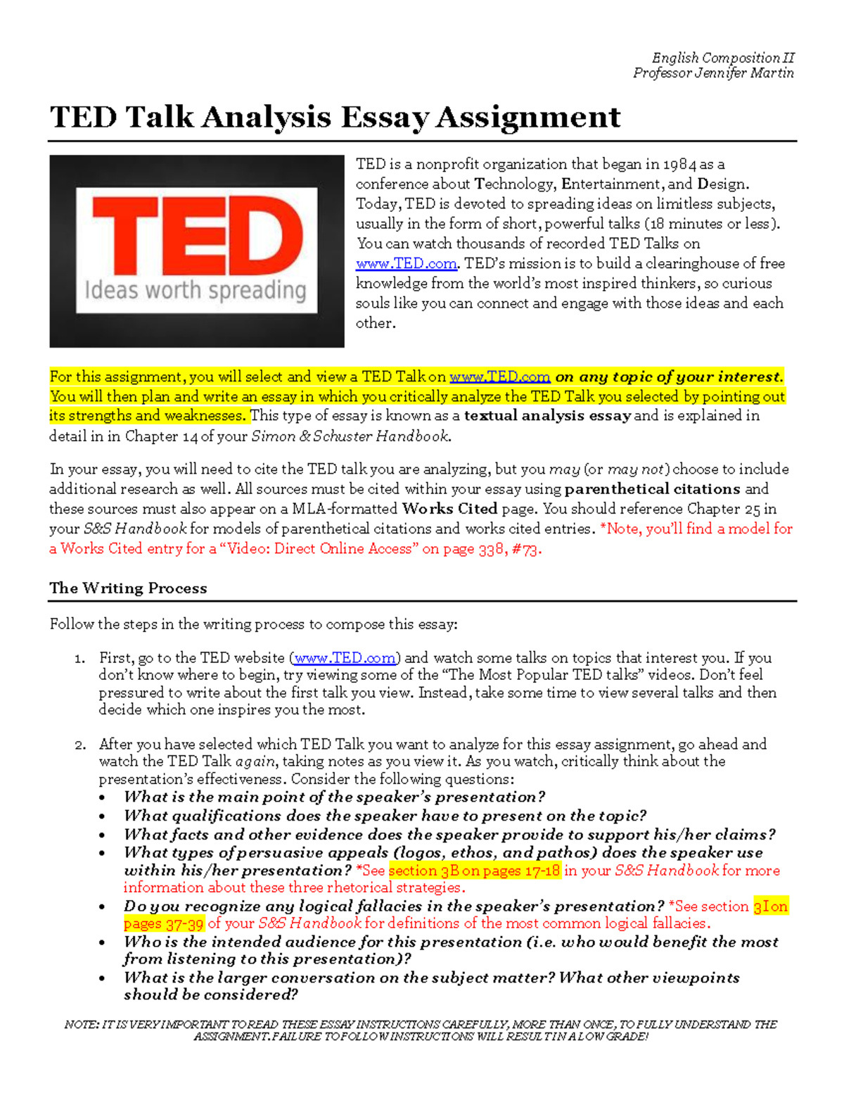 Ted Talk Analysis Essay Assignment Eng102 English Composition Ii Professor Jennifer Martin 