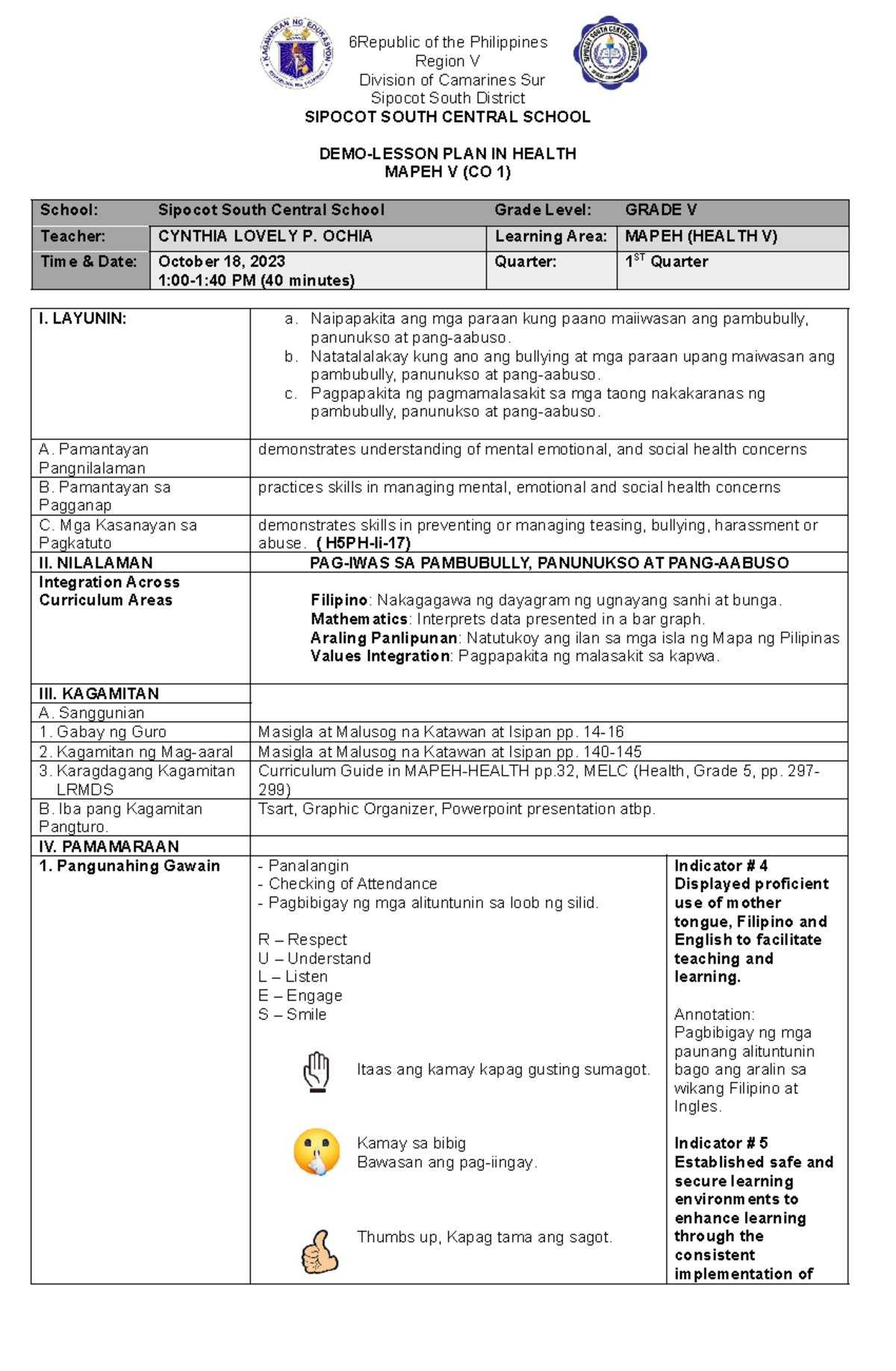 COT-DLP IN Health 1st Quarter new - 6Republic of the Philippines Region ...