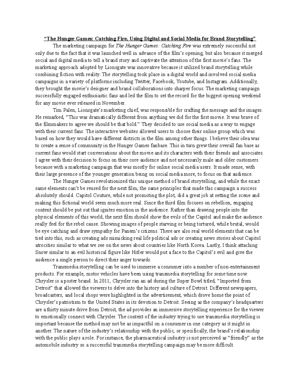 hunger games catching fire essay