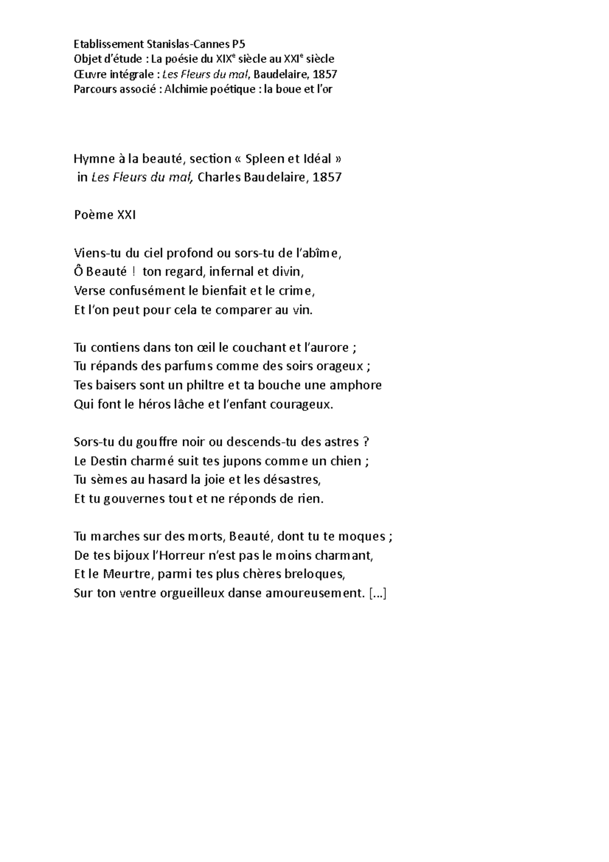 Hymne à la beauté Texte bien détaillée Etablissement StanislasCannes P Objet d’étude La