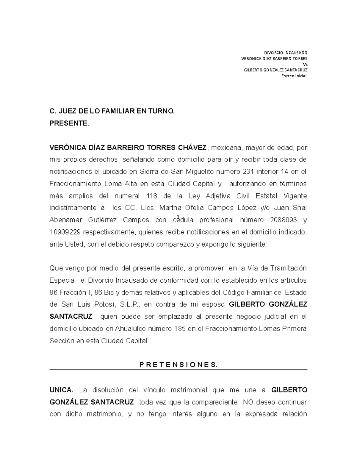 Demanda de Divorcio Incausado San Luis Potosi - 1 VERONICA DIAZ BARREIRO  TORRESDIVORCIO INCAUSADO - Studocu