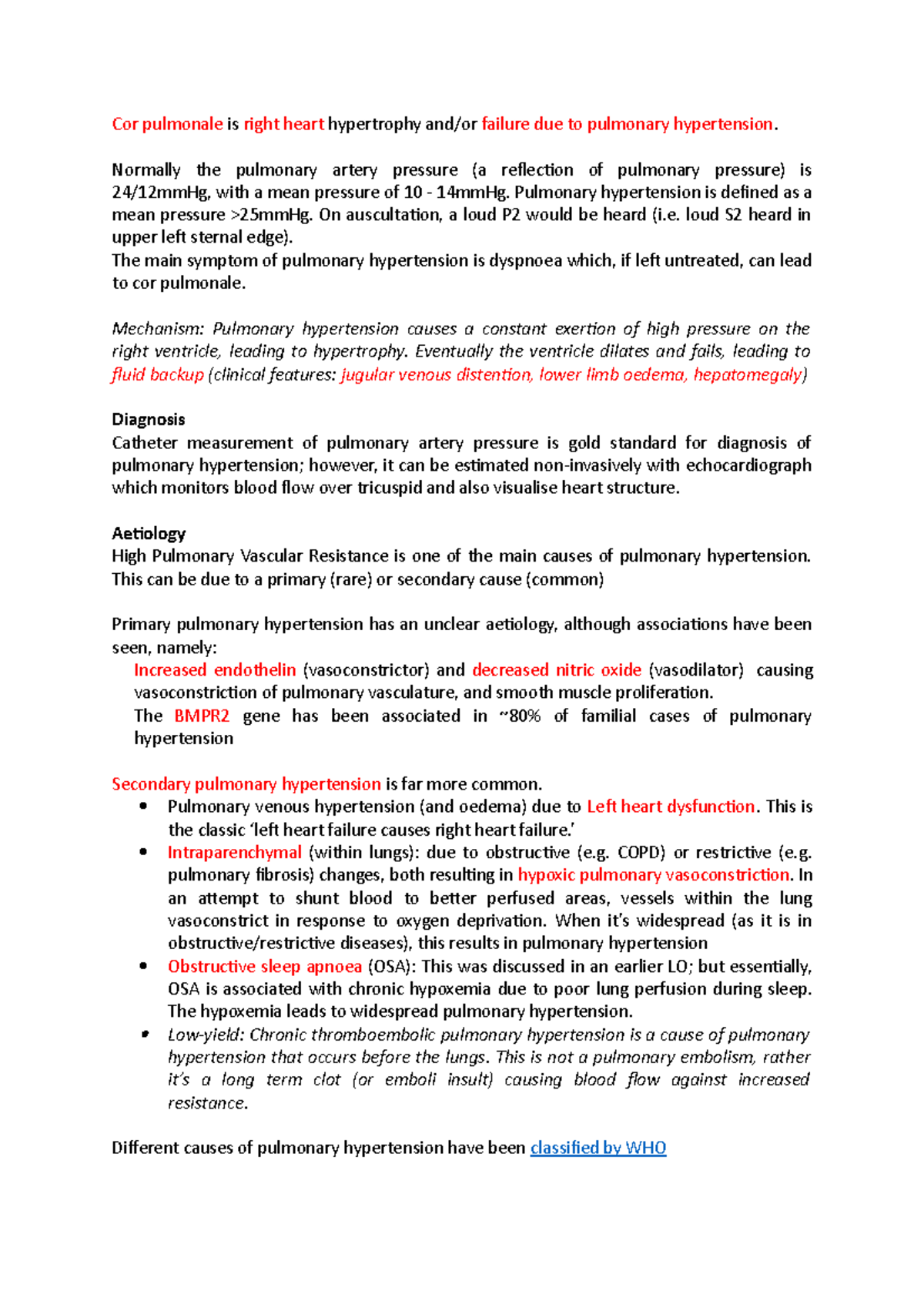 Cor Pulmonale and Pulmonary Htn Notes - Cor pulmonale is right heart ...
