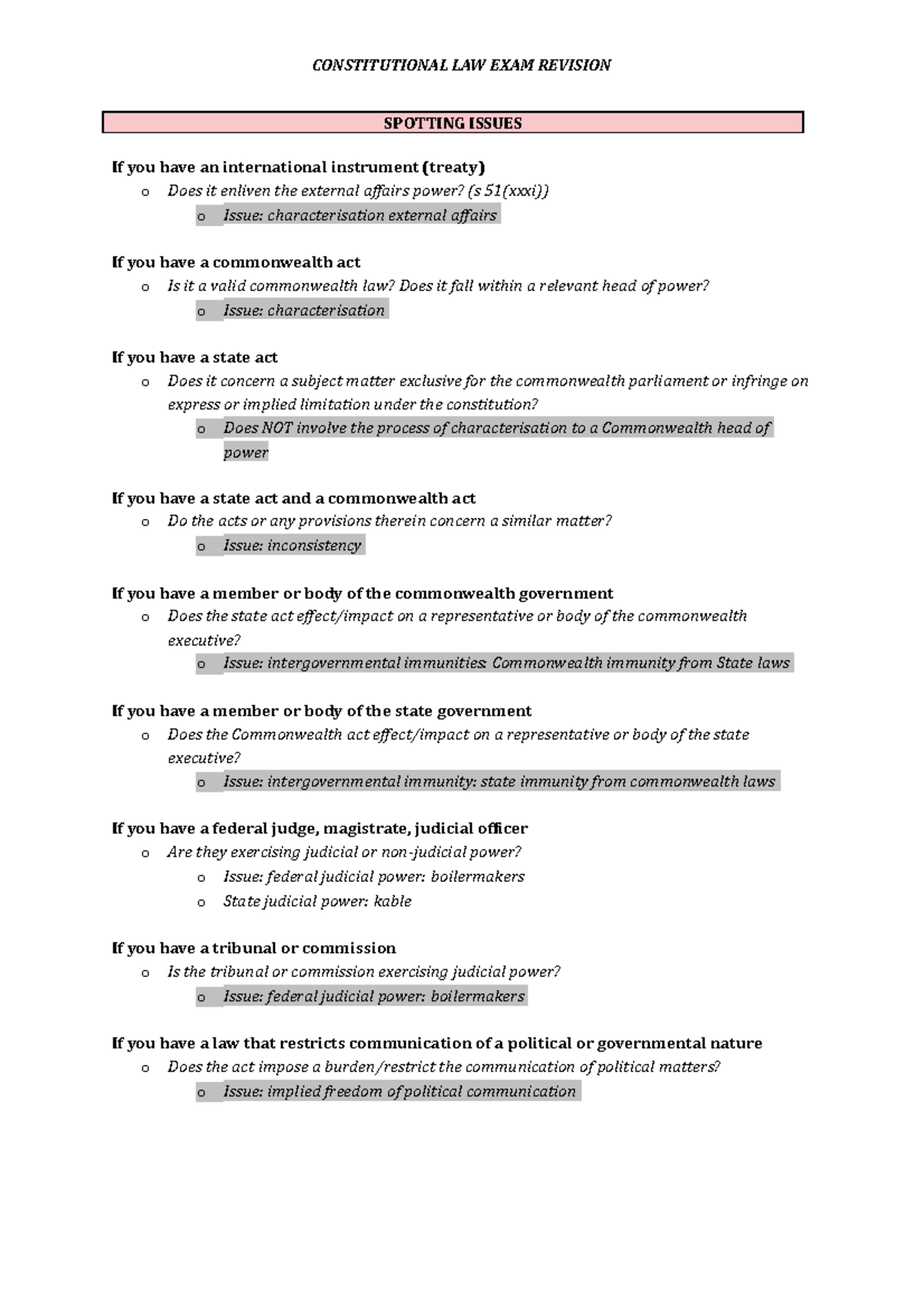 CON LAW EXAM Revision KMS SPOTTING ISSUES If you have an