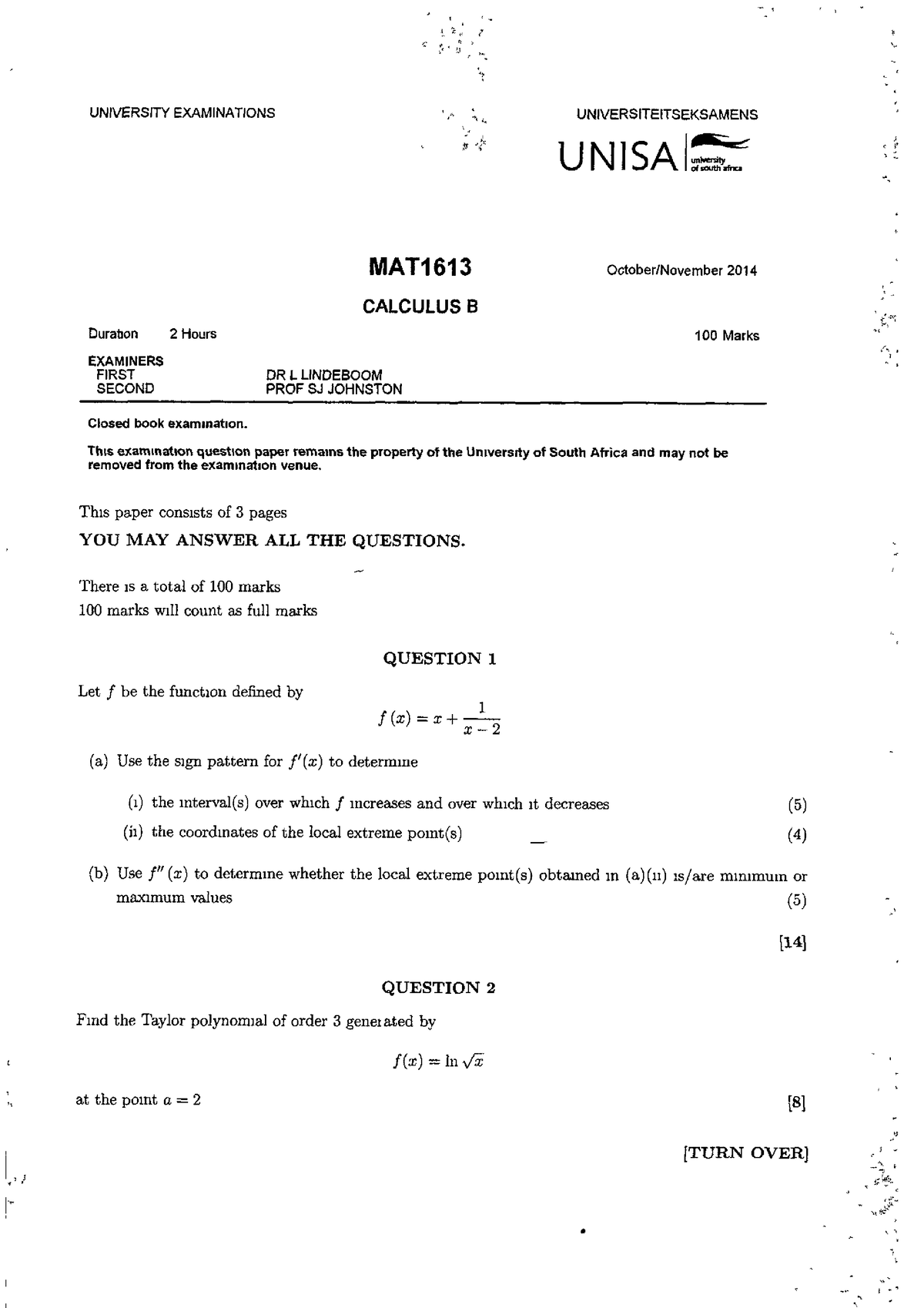 MAT1613 2014 10 E 1 - 2014 First Semester Exam Paper - MAT1613 - Studocu