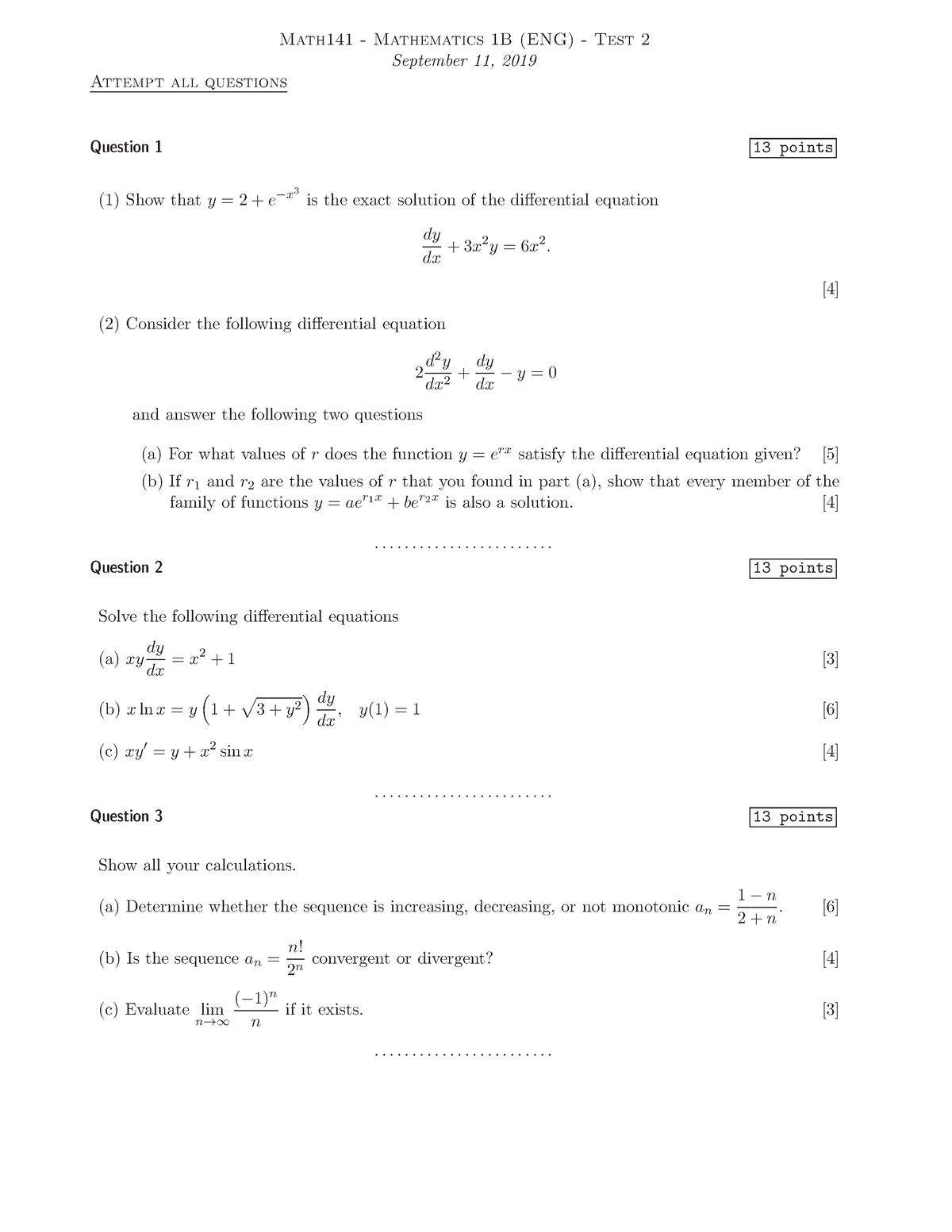 Math141-2019 Test2 - Math - Math141 - Mathematics 1B (ENG) - Test 2 ...