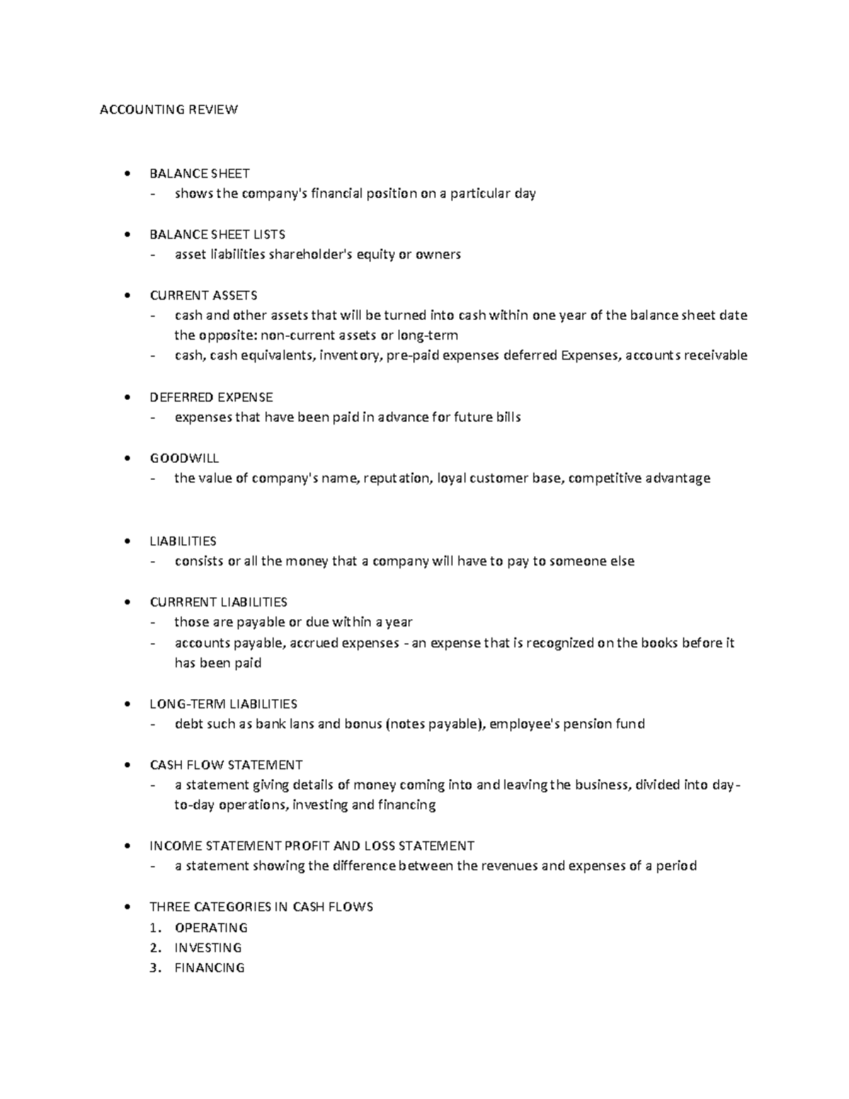Basic Accounting Terminologies Review - ACCOUNTING REVIEW BALANCE SHEET ...