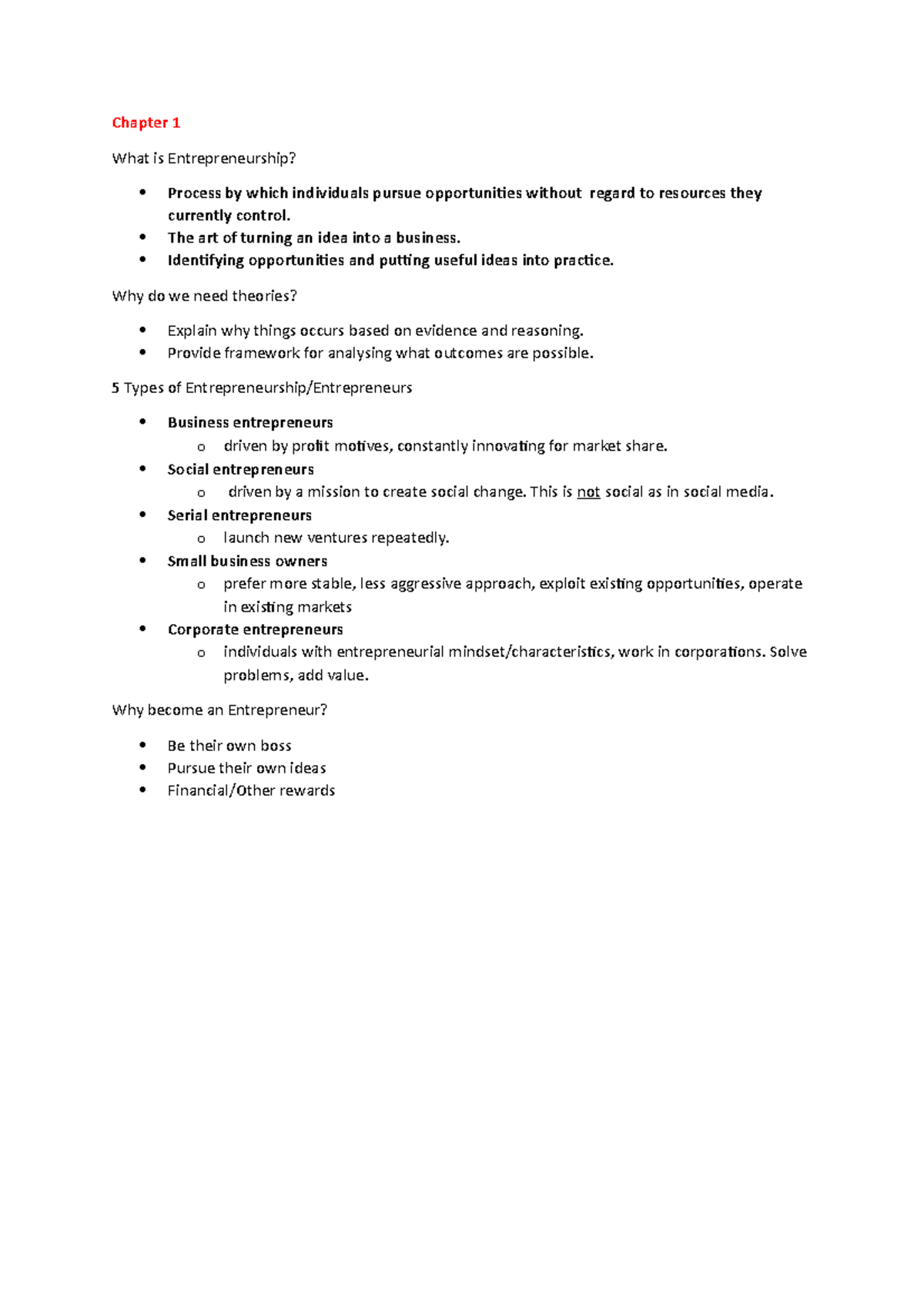 Chapter 1 Week 1 Notes - Chapter 1 What Is Entrepreneurship? Process By ...