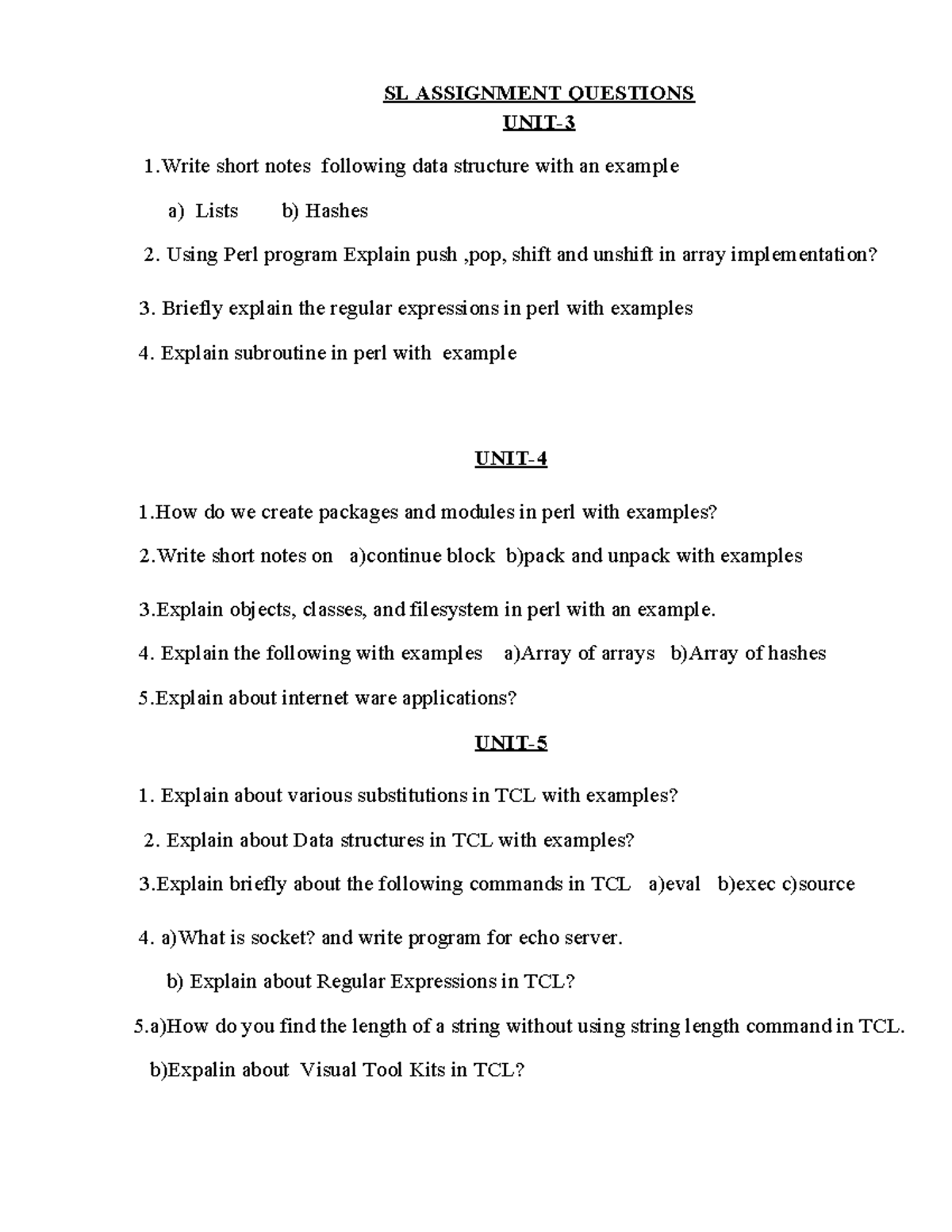 SL Assignment questions - SL ASSIGNMENT QUESTIONS UNIT- 1 short notes ...