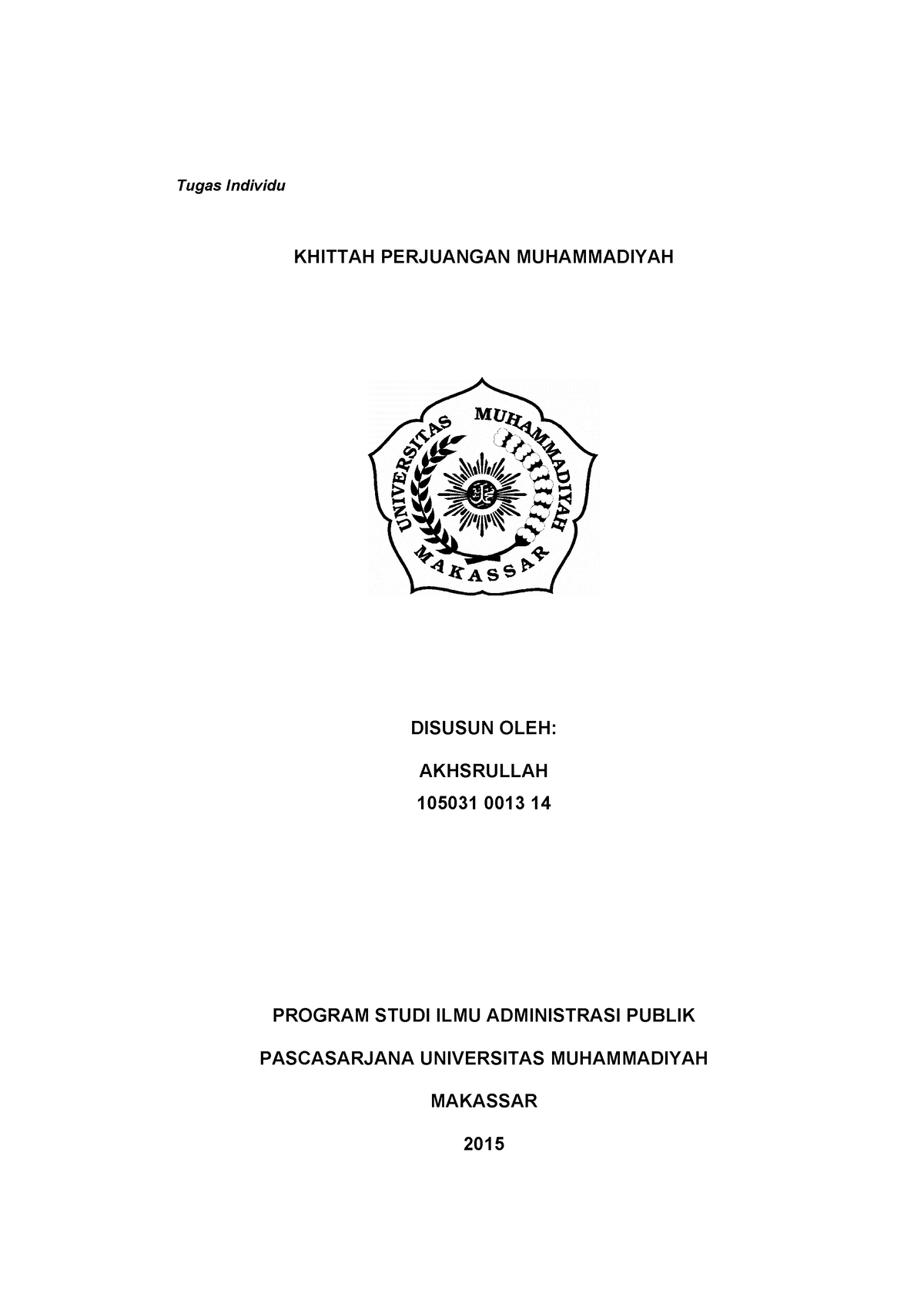 Khittah Perjuangan Muhammadiyah ฀ugas Individu ฀hittah Perjuangan