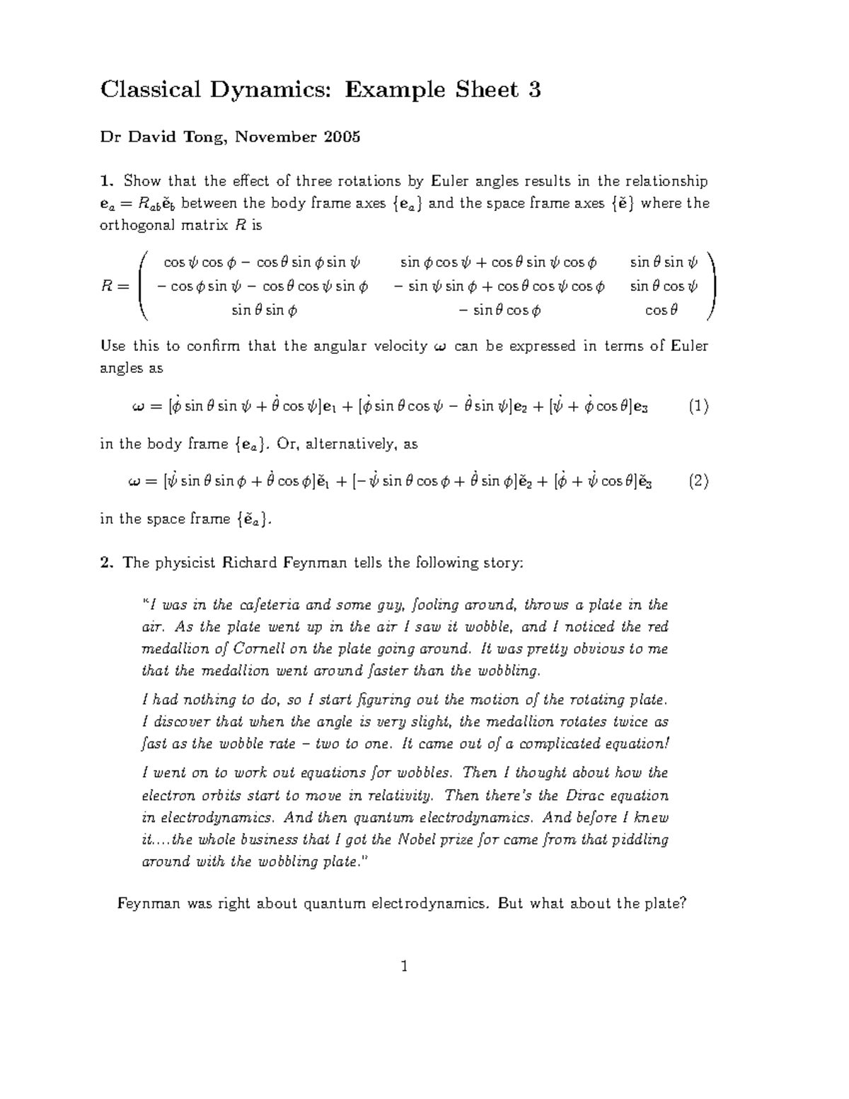 Mf3 - Assignment - Classical Dynamics: Example Sheet 3 Dr David Tong ...